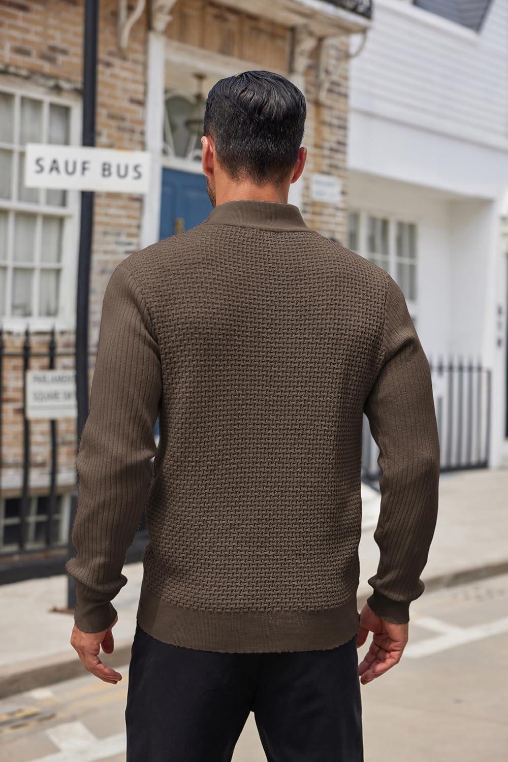 imageCOOFANDY Mens Quarter Button Sweater Lightweight Mock Neck Pullover Sweater Fashion Casual Knitted Waffle Henley SweaterDark Coffee