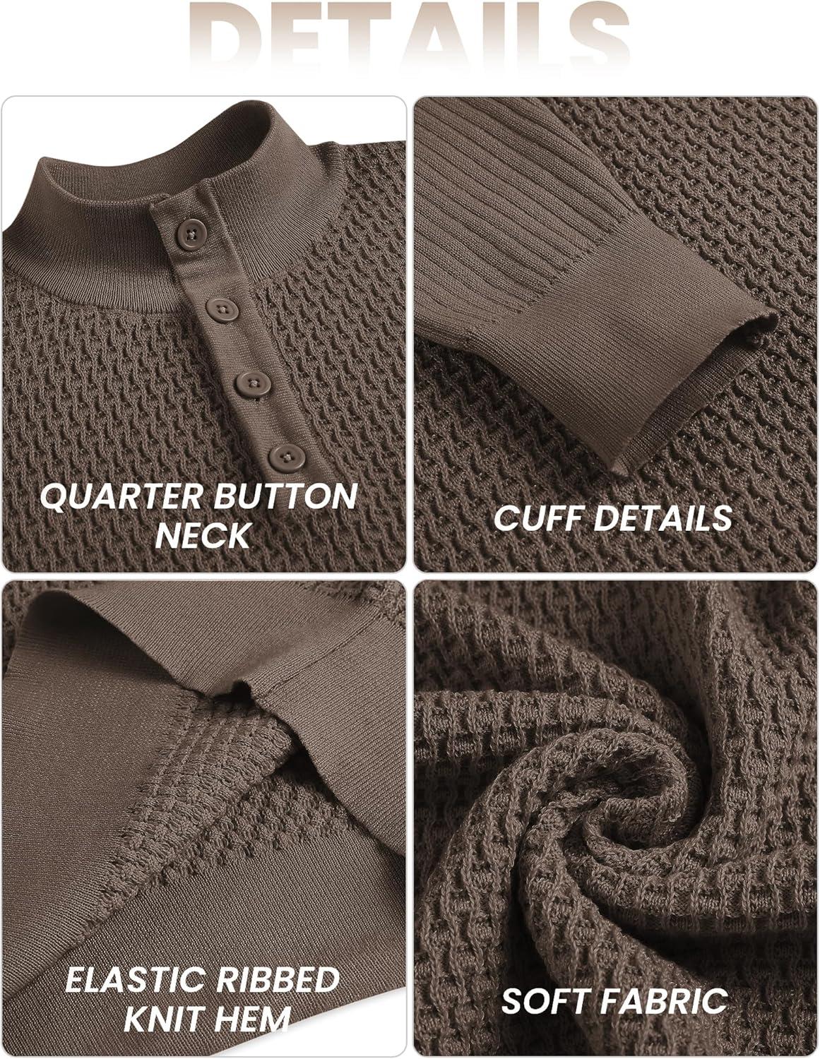 imageCOOFANDY Mens Quarter Button Sweater Lightweight Mock Neck Pullover Sweater Fashion Casual Knitted Waffle Henley SweaterDark Coffee