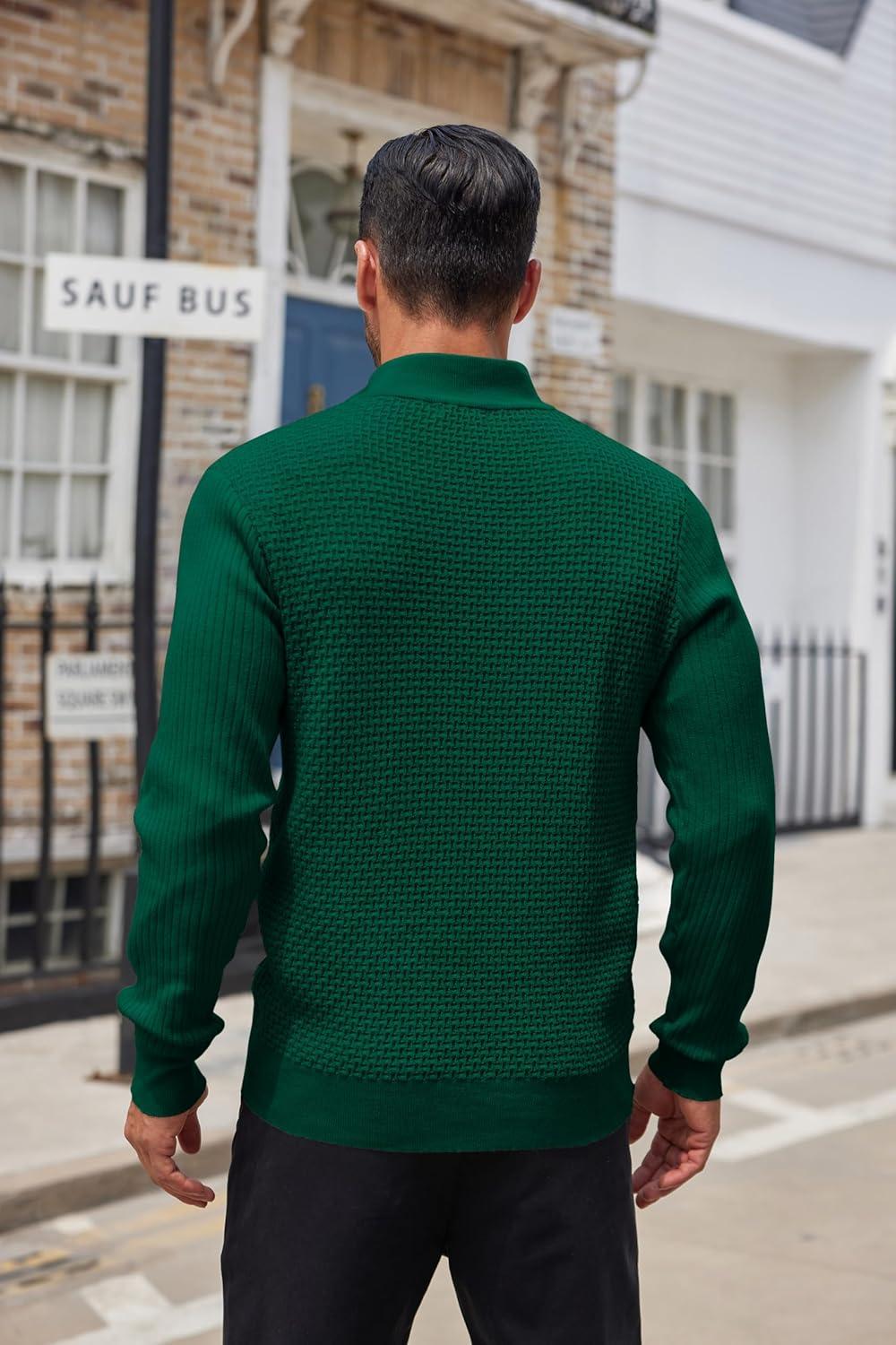 imageCOOFANDY Mens Quarter Button Sweater Lightweight Mock Neck Pullover Sweater Fashion Casual Knitted Waffle Henley SweaterDark Green