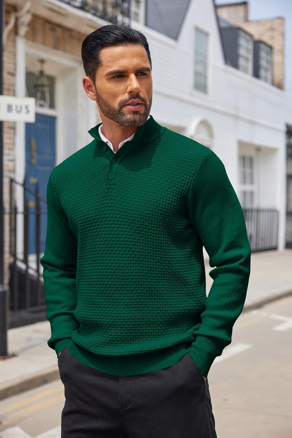 imageCOOFANDY Mens Quarter Button Sweater Lightweight Mock Neck Pullover Sweater Fashion Casual Knitted Waffle Henley SweaterDark Green