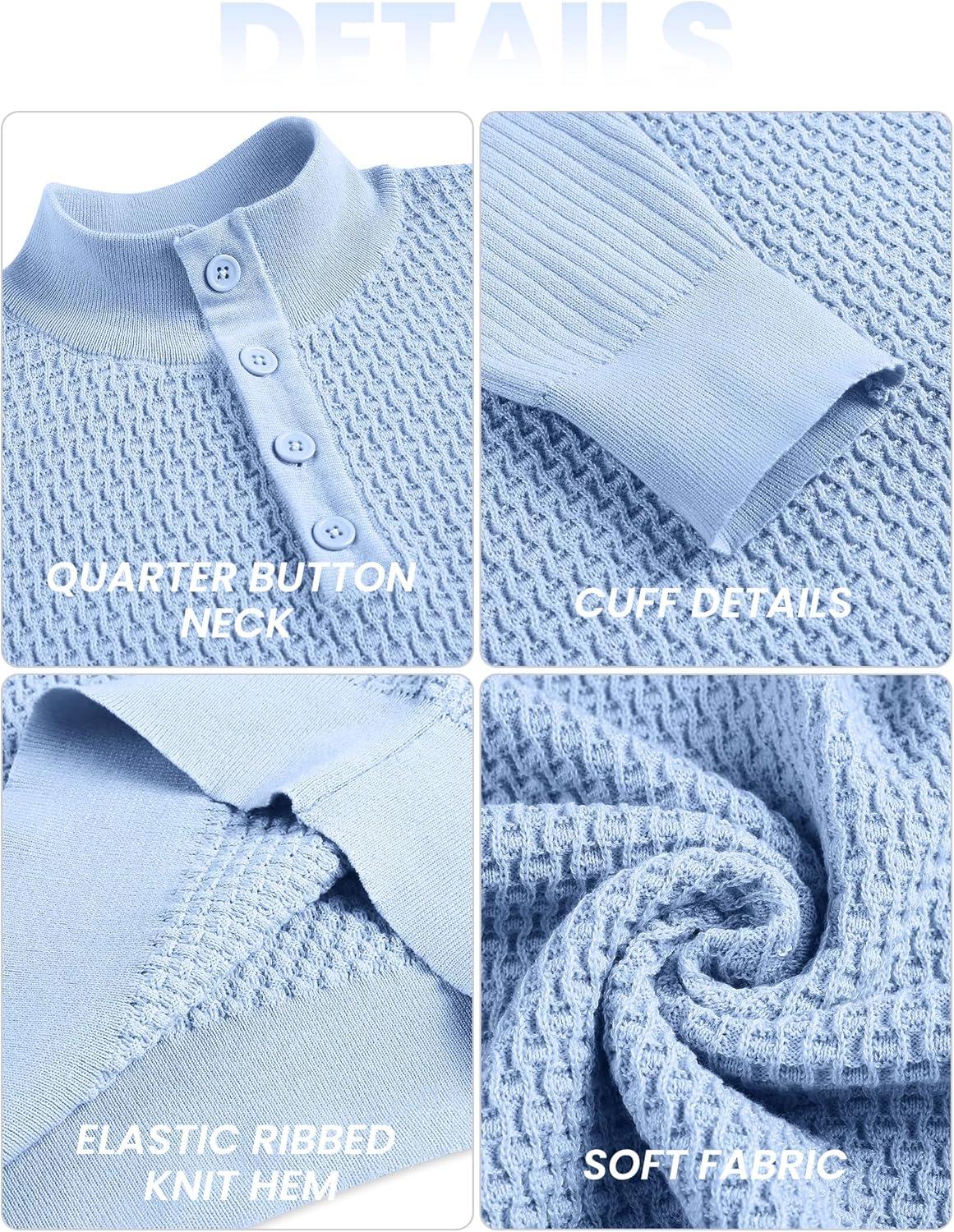 imageCOOFANDY Mens Quarter Button Sweater Lightweight Mock Neck Pullover Sweater Fashion Casual Knitted Waffle Henley SweaterLight Blue