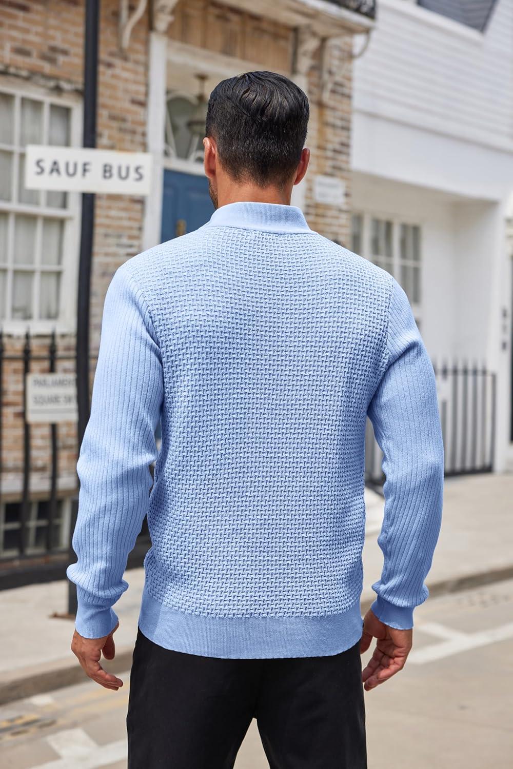 imageCOOFANDY Mens Quarter Button Sweater Lightweight Mock Neck Pullover Sweater Fashion Casual Knitted Waffle Henley SweaterLight Blue