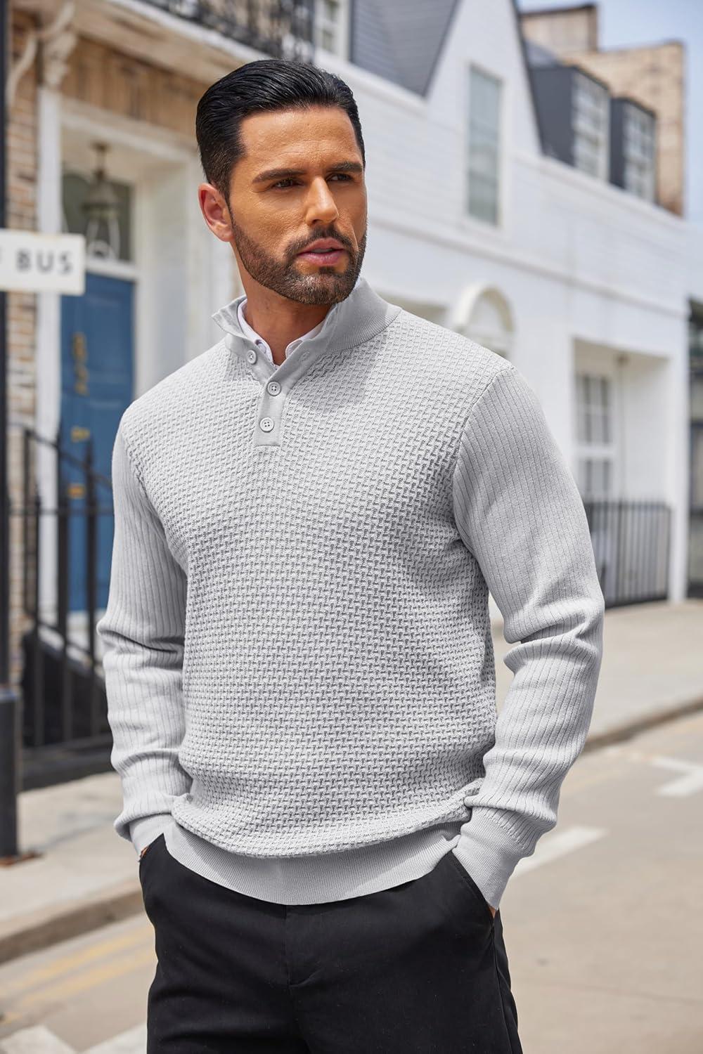 imageCOOFANDY Mens Quarter Button Sweater Lightweight Mock Neck Pullover Sweater Fashion Casual Knitted Waffle Henley SweaterLight Grey