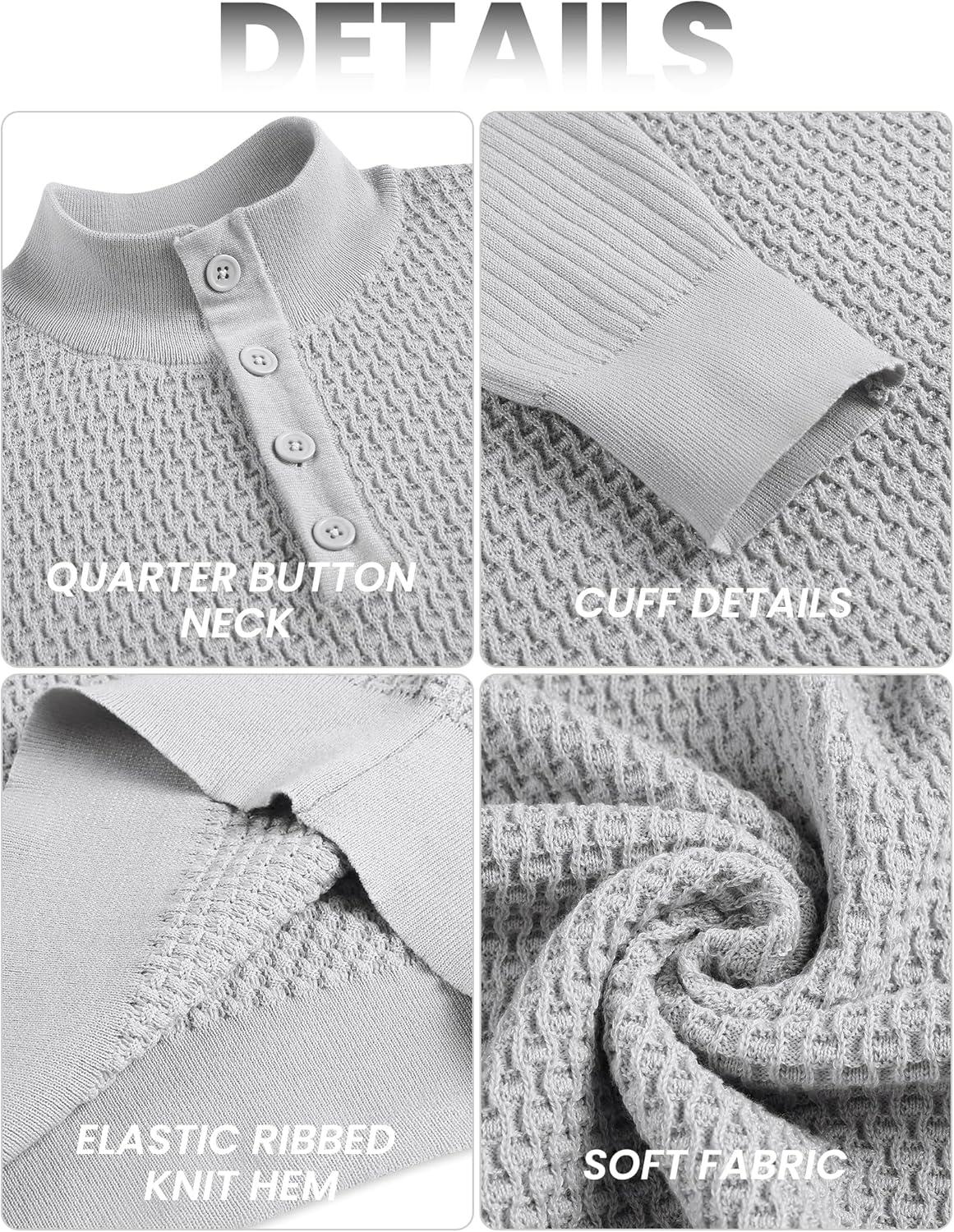 imageCOOFANDY Mens Quarter Button Sweater Lightweight Mock Neck Pullover Sweater Fashion Casual Knitted Waffle Henley SweaterLight Grey
