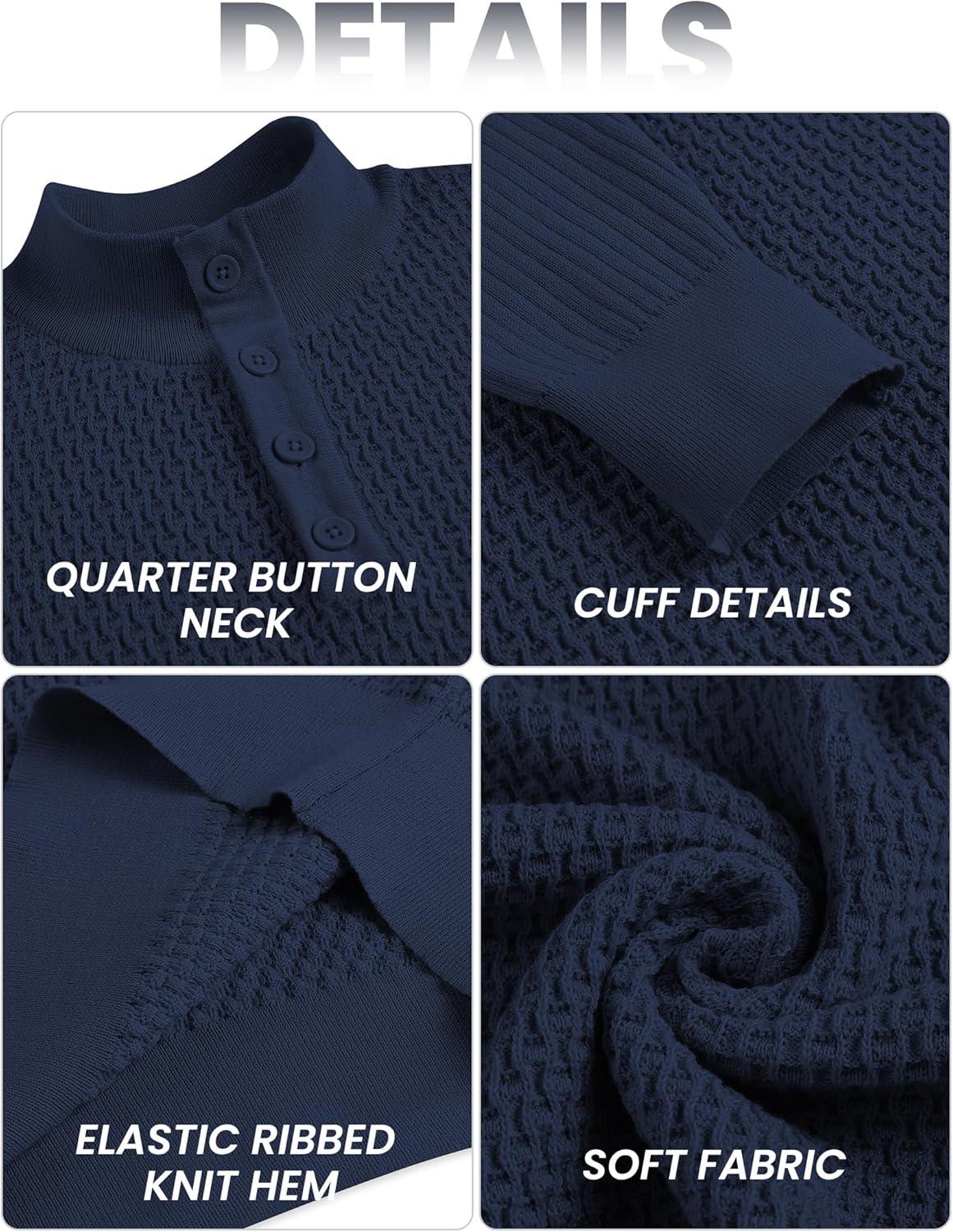 imageCOOFANDY Mens Quarter Button Sweater Lightweight Mock Neck Pullover Sweater Fashion Casual Knitted Waffle Henley SweaterNavy Blue