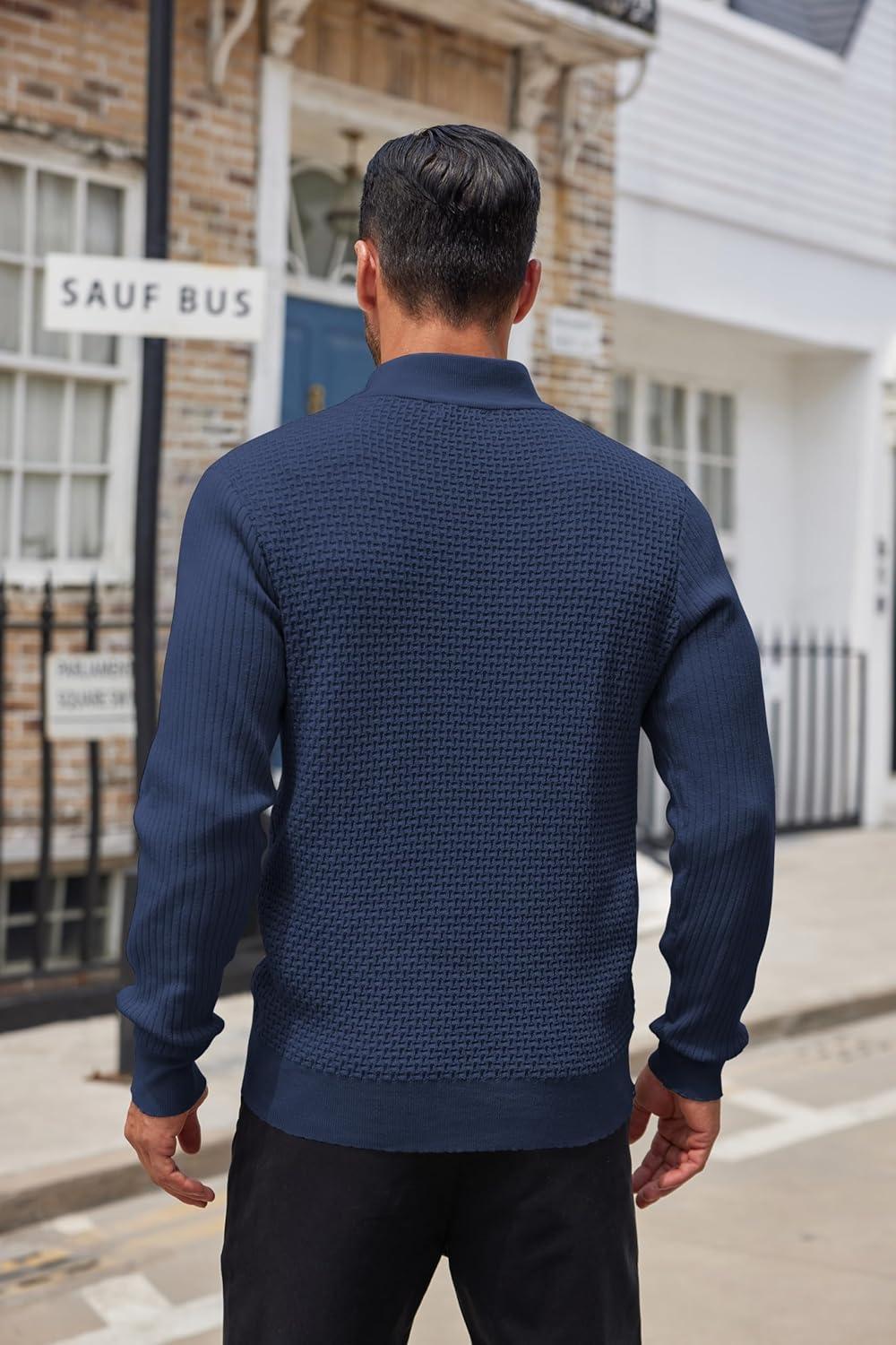 imageCOOFANDY Mens Quarter Button Sweater Lightweight Mock Neck Pullover Sweater Fashion Casual Knitted Waffle Henley SweaterNavy Blue