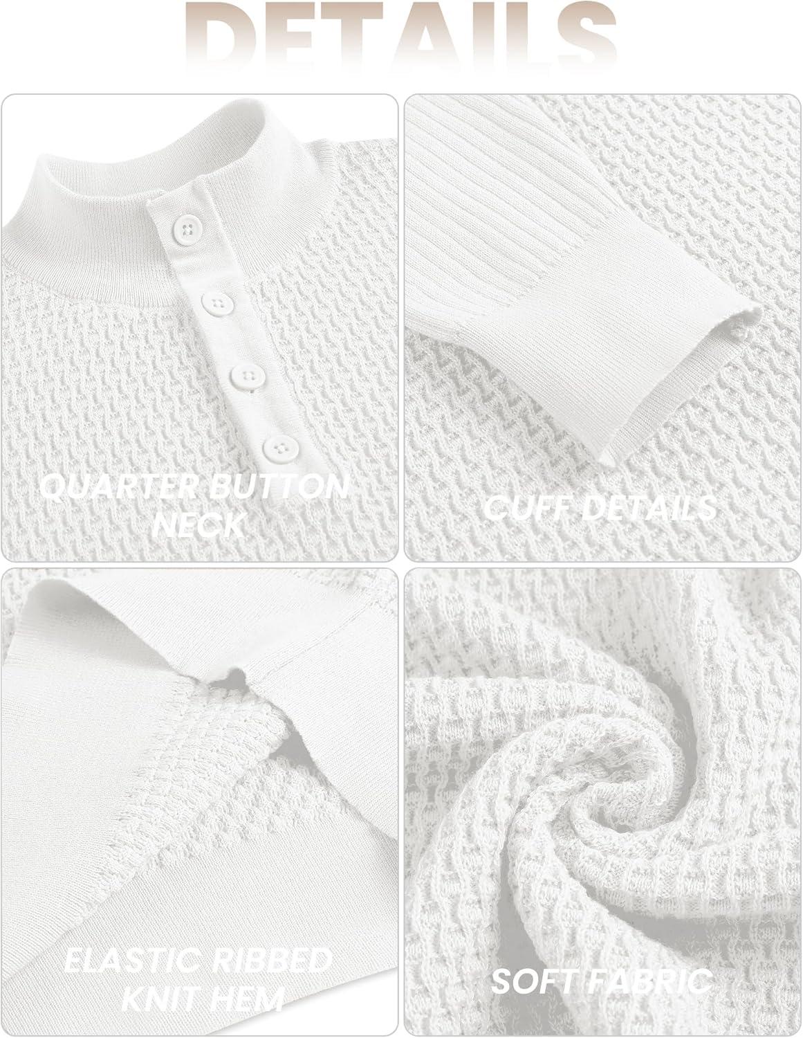 imageCOOFANDY Mens Quarter Button Sweater Lightweight Mock Neck Pullover Sweater Fashion Casual Knitted Waffle Henley SweaterWhite