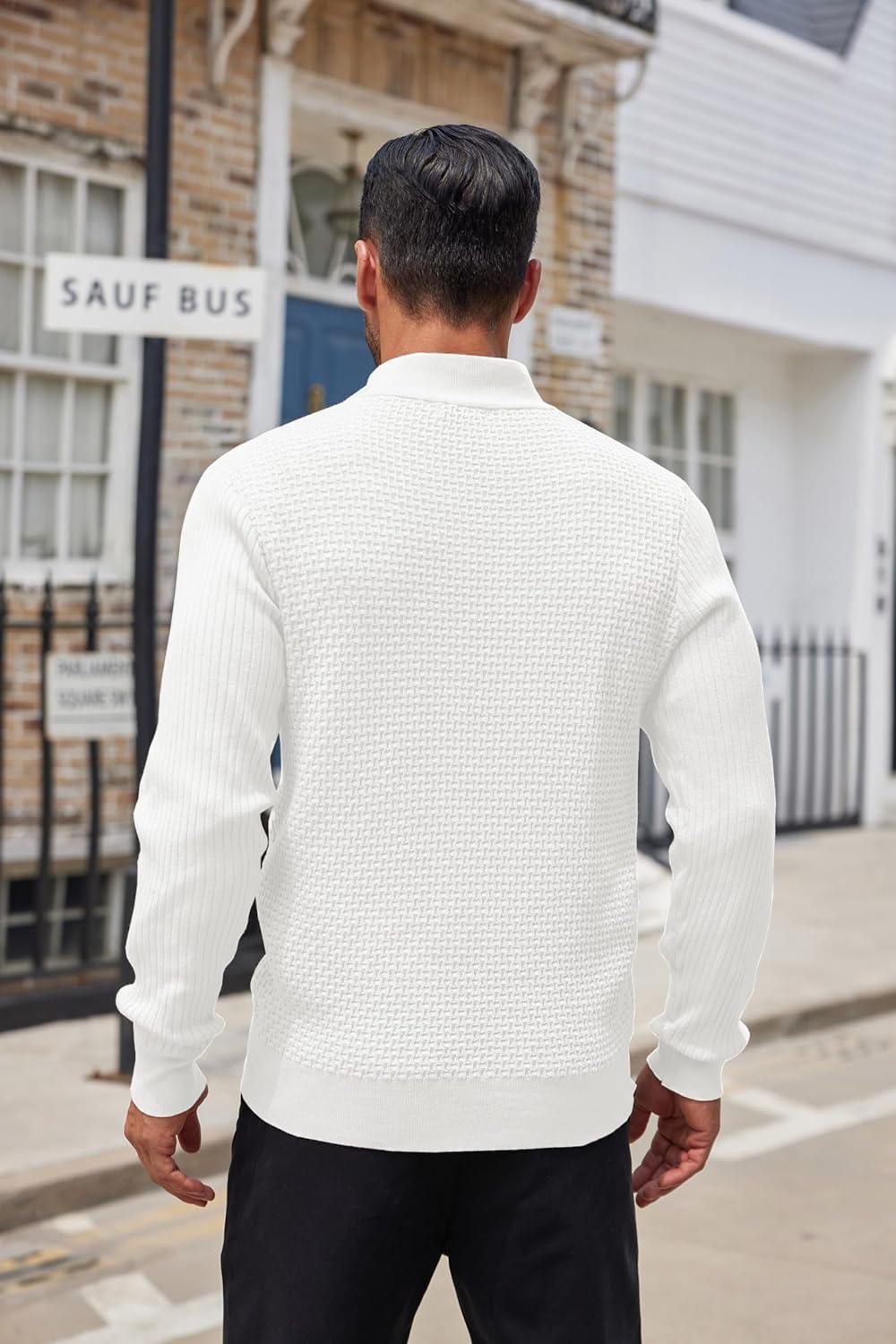 imageCOOFANDY Mens Quarter Button Sweater Lightweight Mock Neck Pullover Sweater Fashion Casual Knitted Waffle Henley SweaterWhite