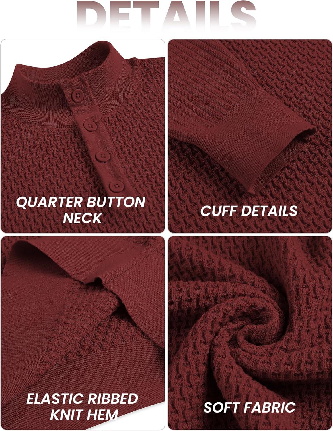 imageCOOFANDY Mens Quarter Button Sweater Lightweight Mock Neck Pullover Sweater Fashion Casual Knitted Waffle Henley SweaterWine Red