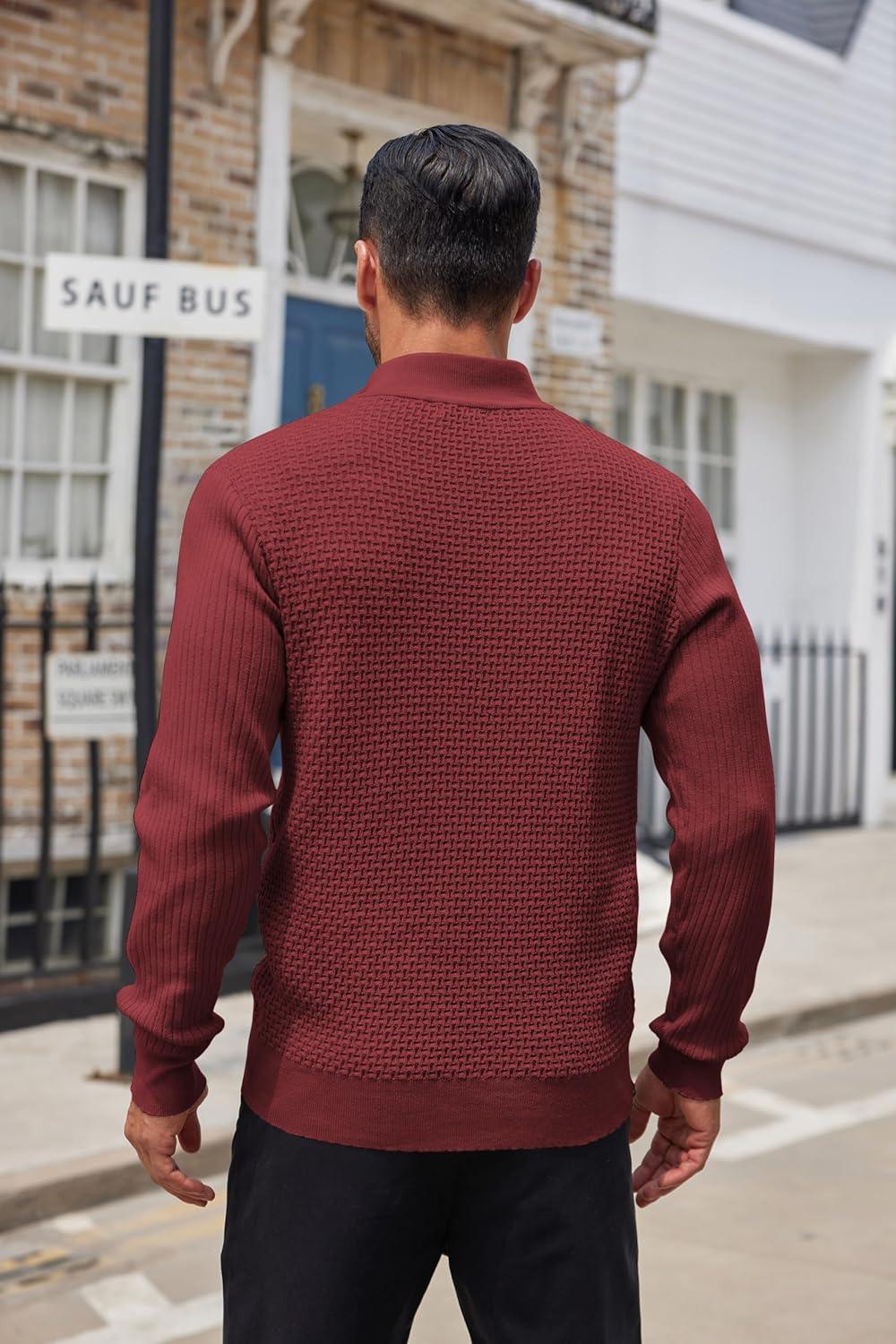 imageCOOFANDY Mens Quarter Button Sweater Lightweight Mock Neck Pullover Sweater Fashion Casual Knitted Waffle Henley SweaterWine Red