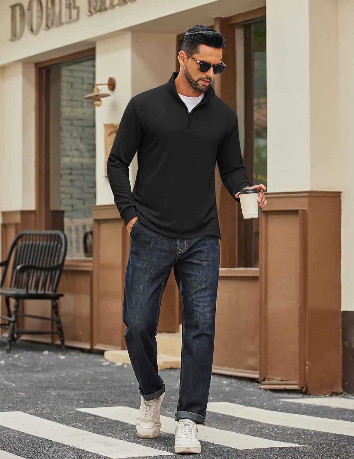 imageCOOFANDY Mens Quarter Zip Pullover Sweatshirt Mock Neck Quilted Sweatshirt Lightweight Casual Long Sleeve Polo ShirtBlack