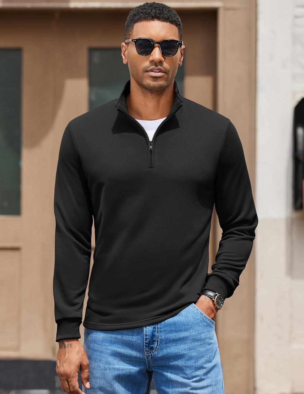 imageCOOFANDY Mens Quarter Zip Pullover Sweatshirt Mock Neck Quilted Sweatshirt Lightweight Casual Long Sleeve Polo ShirtBlack
