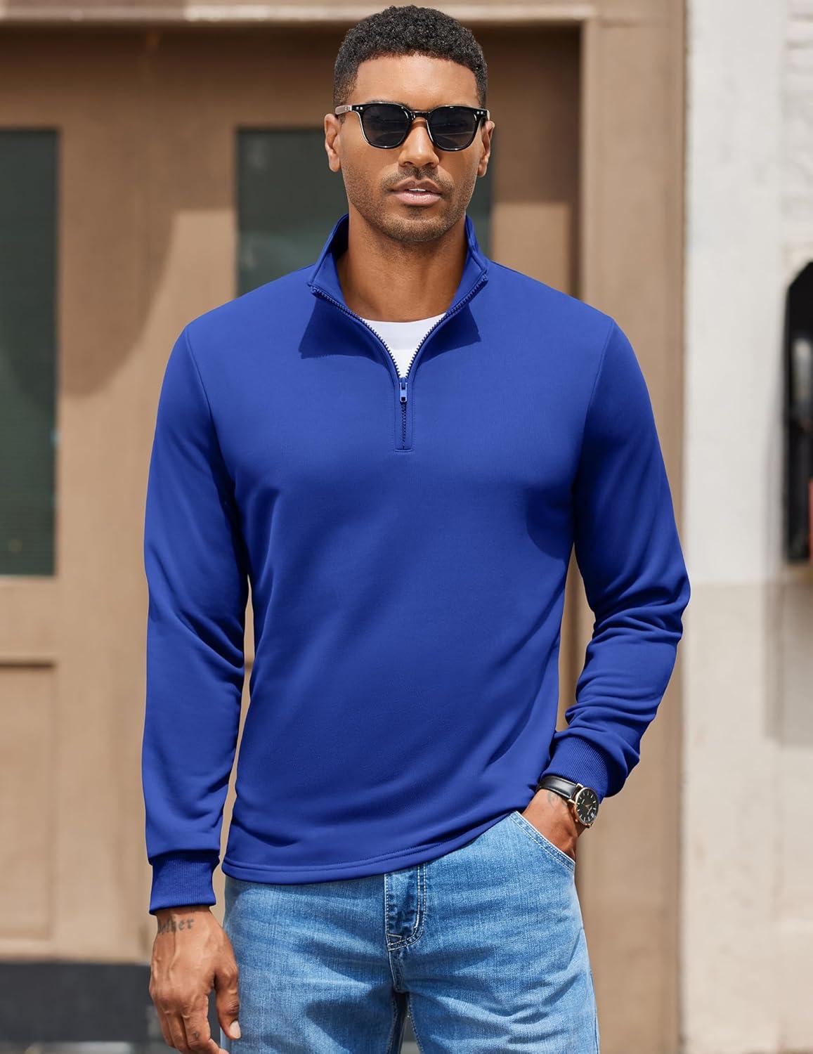 imageCOOFANDY Mens Quarter Zip Pullover Sweatshirt Mock Neck Quilted Sweatshirt Lightweight Casual Long Sleeve Polo ShirtDeep Blue