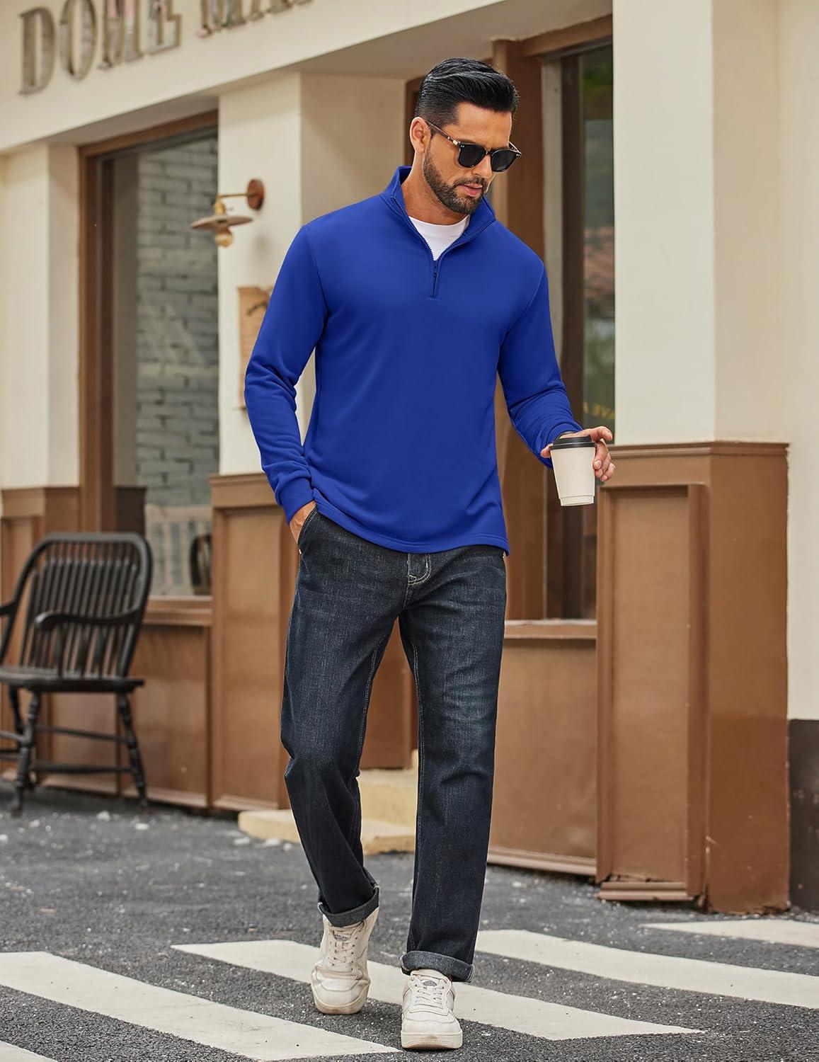 imageCOOFANDY Mens Quarter Zip Pullover Sweatshirt Mock Neck Quilted Sweatshirt Lightweight Casual Long Sleeve Polo ShirtDeep Blue