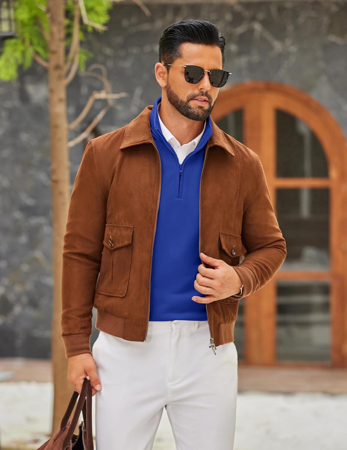 imageCOOFANDY Mens Quarter Zip Pullover Sweatshirt Mock Neck Quilted Sweatshirt Lightweight Casual Long Sleeve Polo ShirtDeep Blue