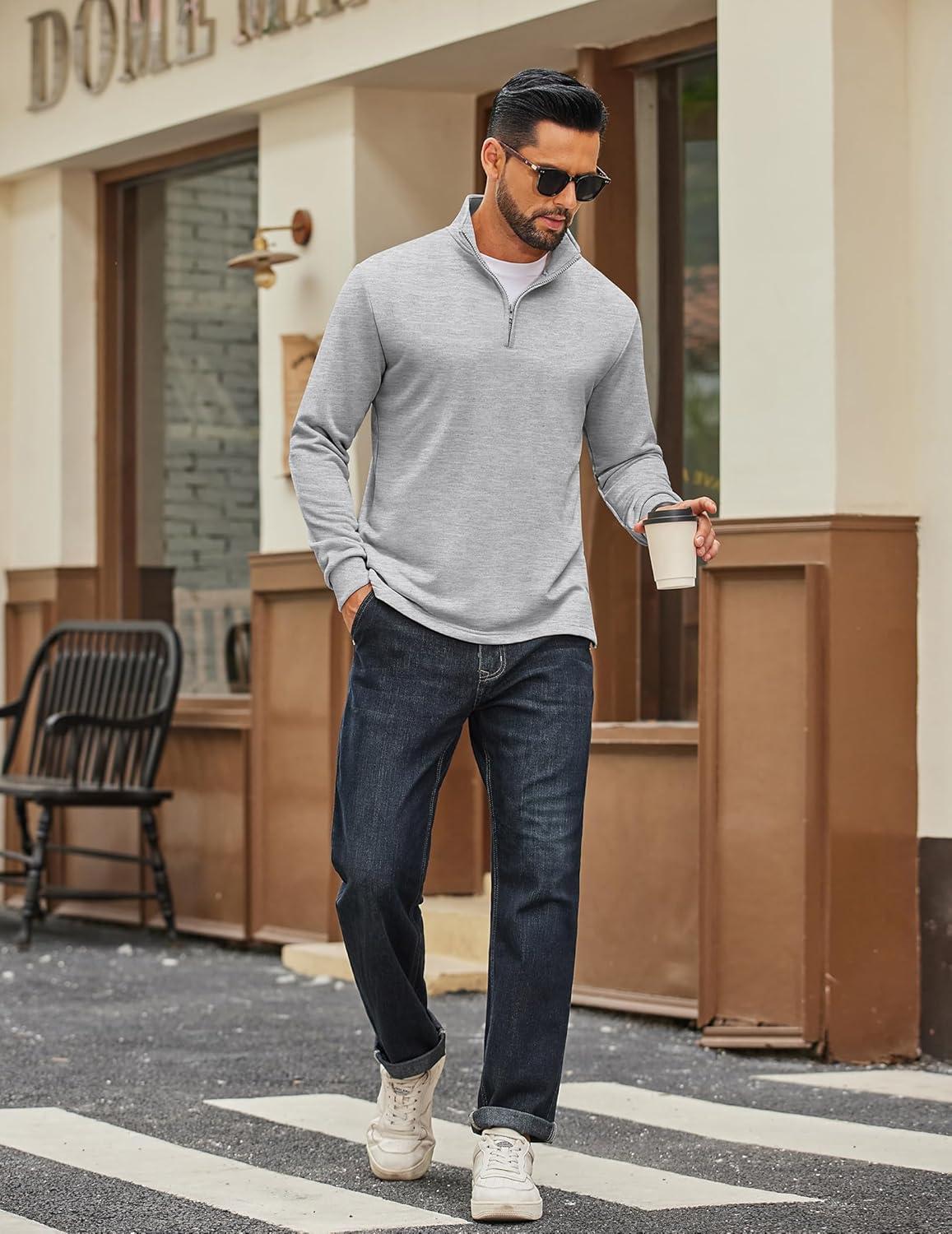 imageCOOFANDY Mens Quarter Zip Pullover Sweatshirt Mock Neck Quilted Sweatshirt Lightweight Casual Long Sleeve Polo ShirtLight Grey