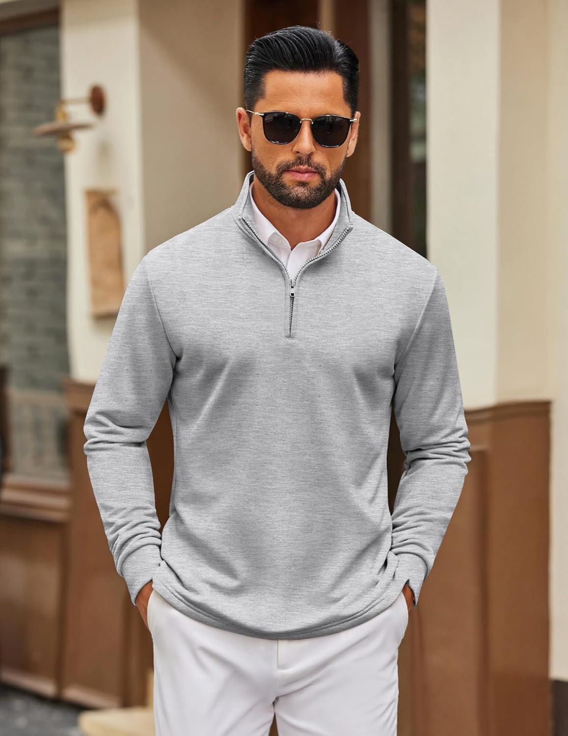 imageCOOFANDY Mens Quarter Zip Pullover Sweatshirt Mock Neck Quilted Sweatshirt Lightweight Casual Long Sleeve Polo ShirtLight Grey