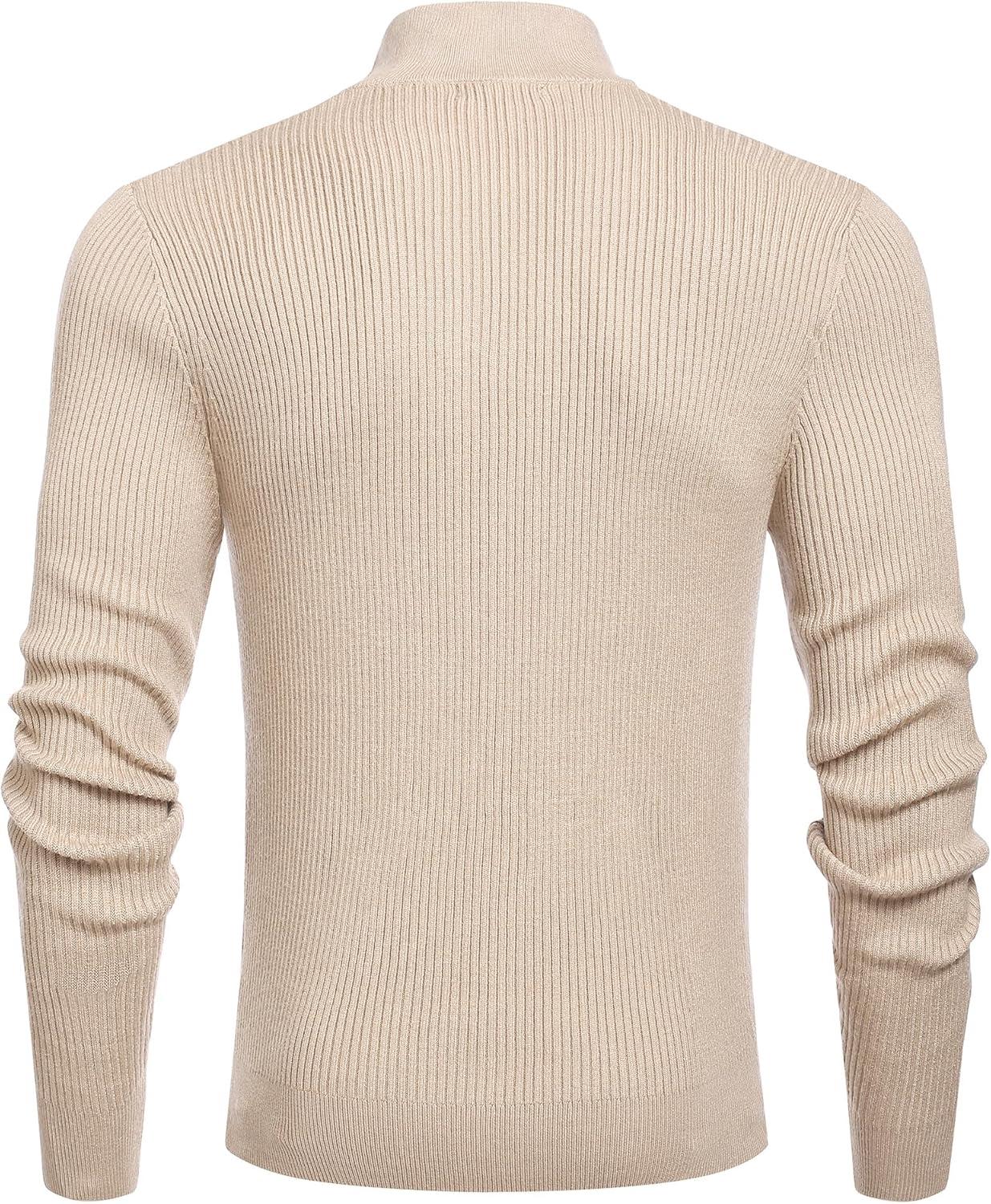 imageCOOFANDY Mens Quarter Zip Sweaters Slim Fit Mock Neck Pullover Sweaters Lightweight Knitted Polo SweaterBeige