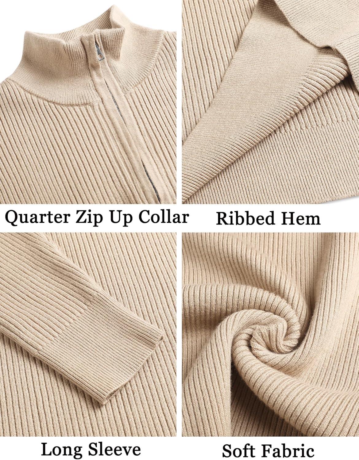 imageCOOFANDY Mens Quarter Zip Sweaters Slim Fit Mock Neck Pullover Sweaters Lightweight Knitted Polo SweaterBeige