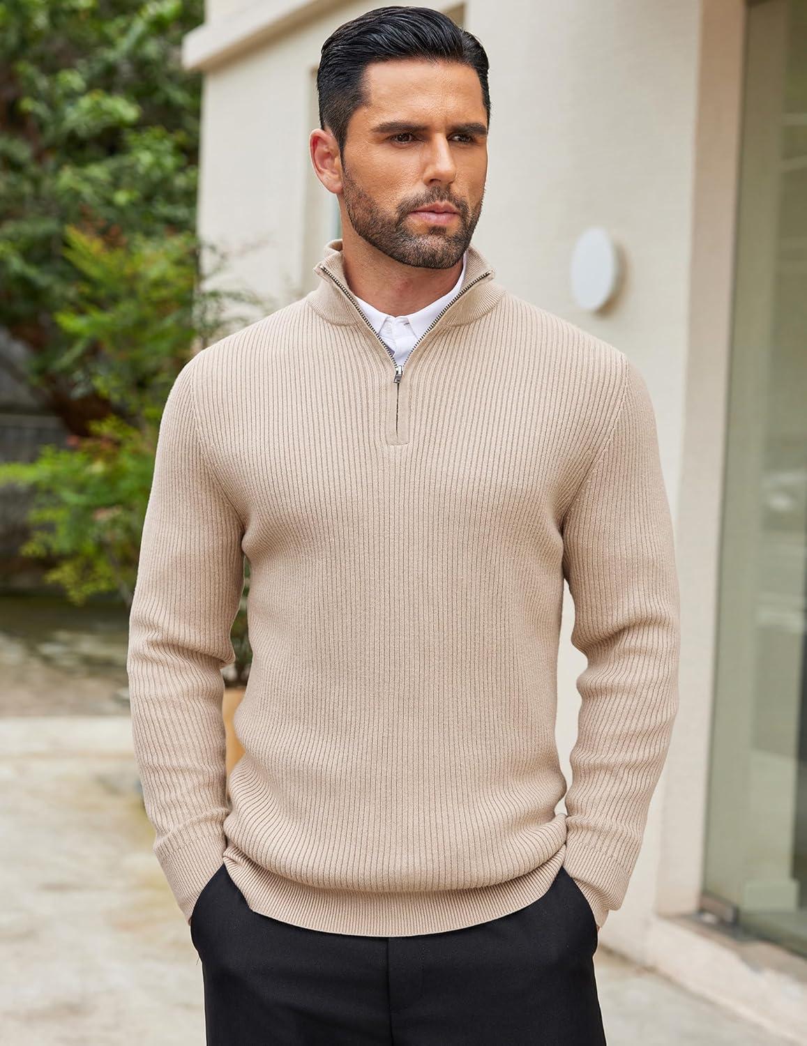 imageCOOFANDY Mens Quarter Zip Sweaters Slim Fit Mock Neck Pullover Sweaters Lightweight Knitted Polo SweaterBeige