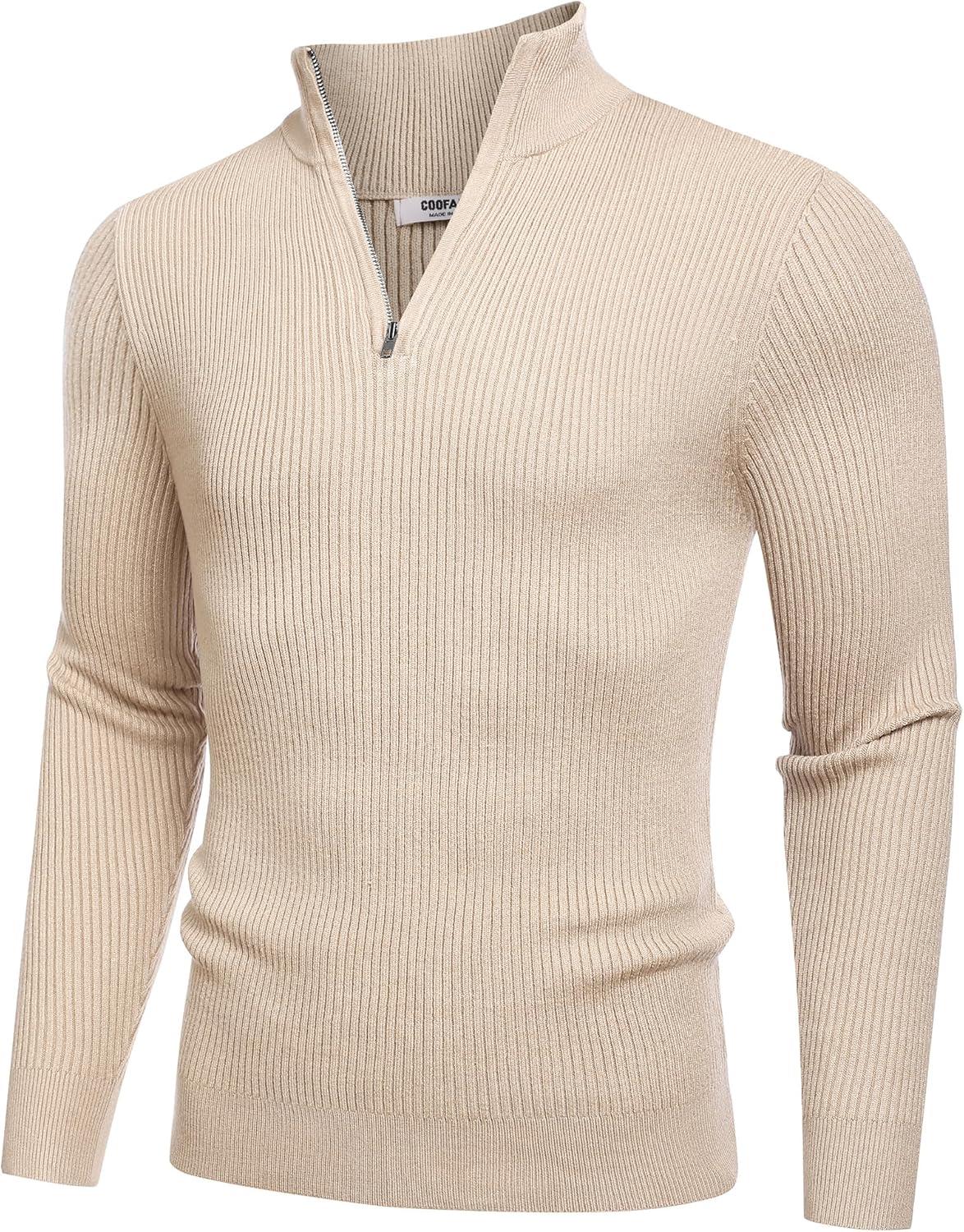 imageCOOFANDY Mens Quarter Zip Sweaters Slim Fit Mock Neck Pullover Sweaters Lightweight Knitted Polo SweaterBeige