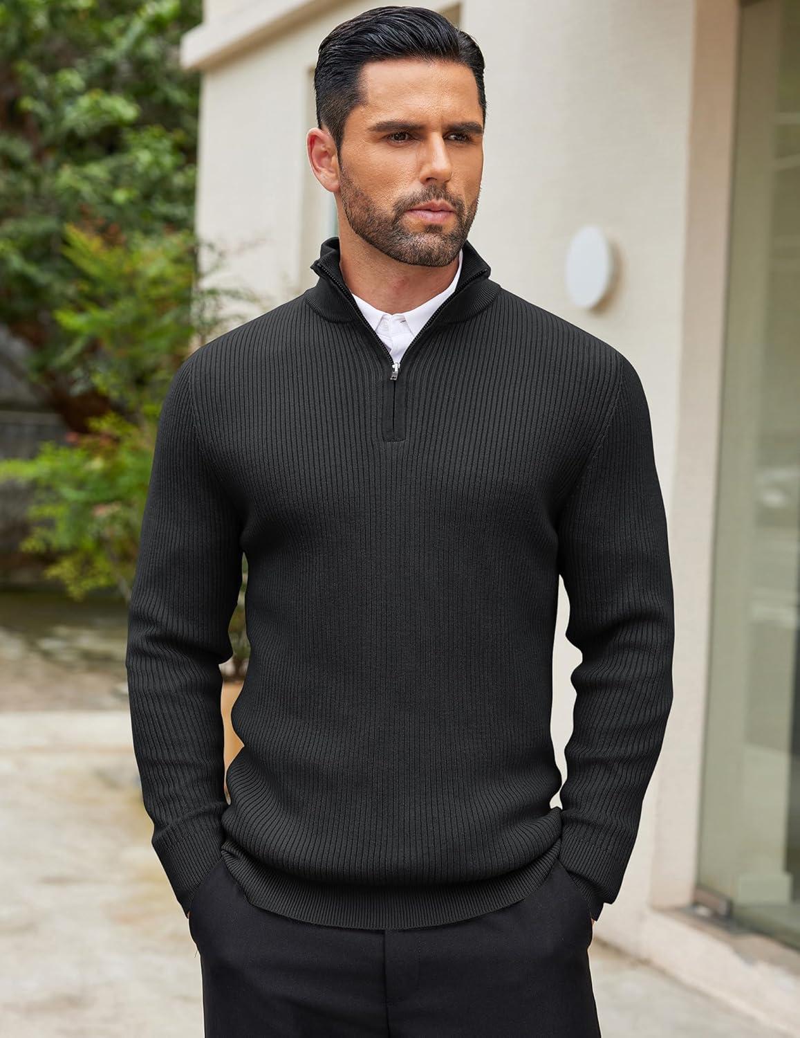 imageCOOFANDY Mens Quarter Zip Sweaters Slim Fit Mock Neck Pullover Sweaters Lightweight Knitted Polo SweaterBlack
