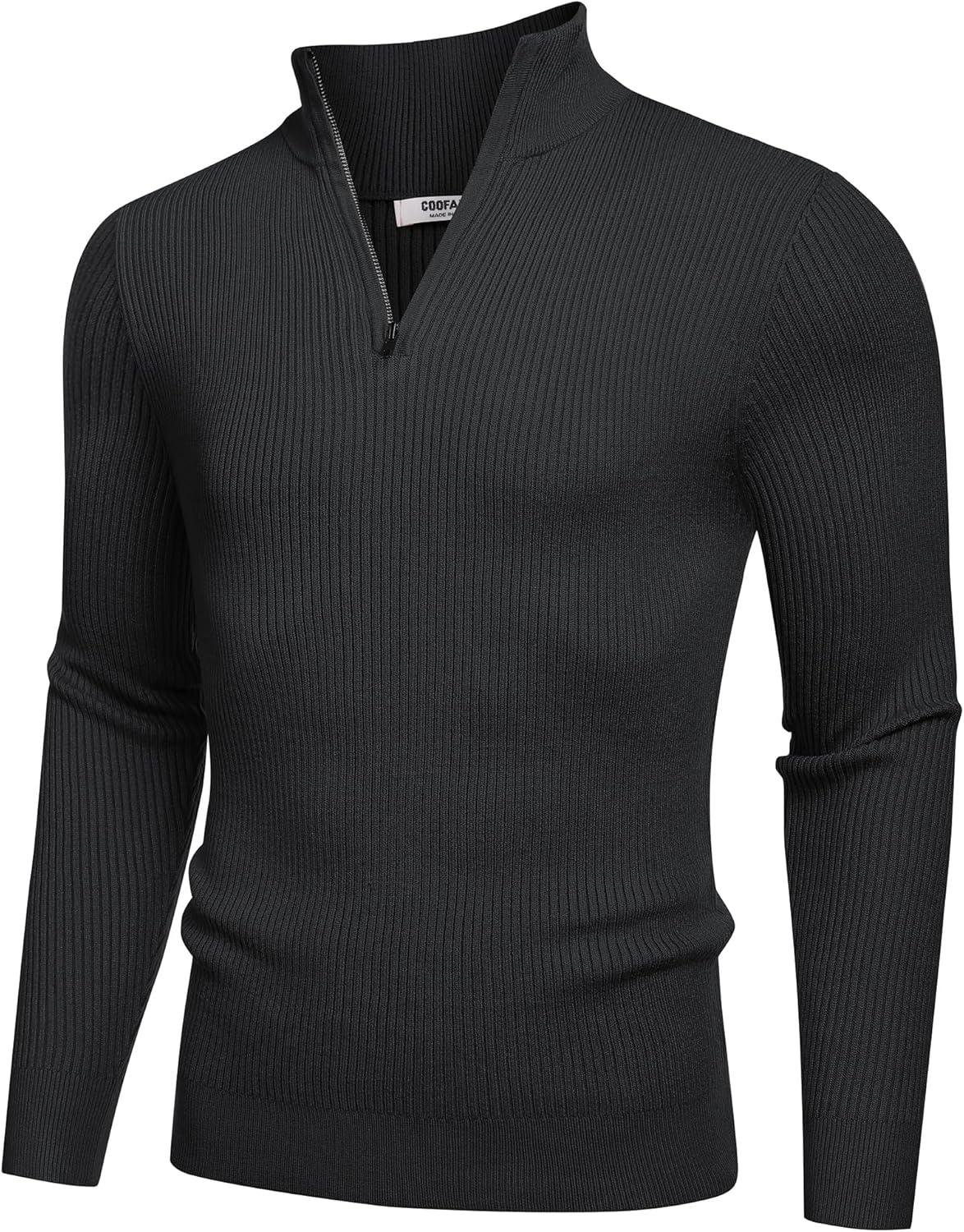 imageCOOFANDY Mens Quarter Zip Sweaters Slim Fit Mock Neck Pullover Sweaters Lightweight Knitted Polo SweaterBlack