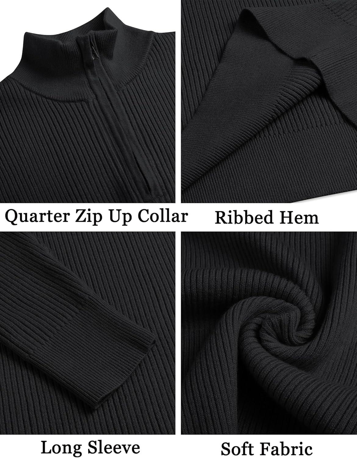 imageCOOFANDY Mens Quarter Zip Sweaters Slim Fit Mock Neck Pullover Sweaters Lightweight Knitted Polo SweaterBlack