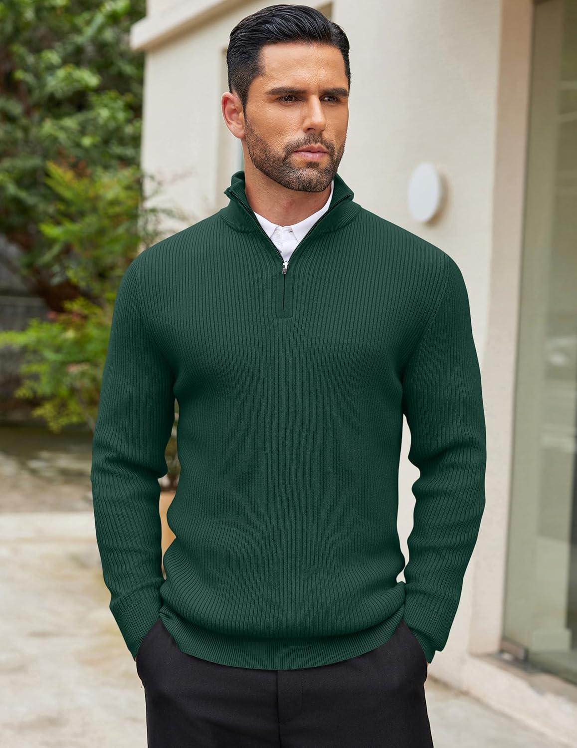 imageCOOFANDY Mens Quarter Zip Sweaters Slim Fit Mock Neck Pullover Sweaters Lightweight Knitted Polo SweaterGreen