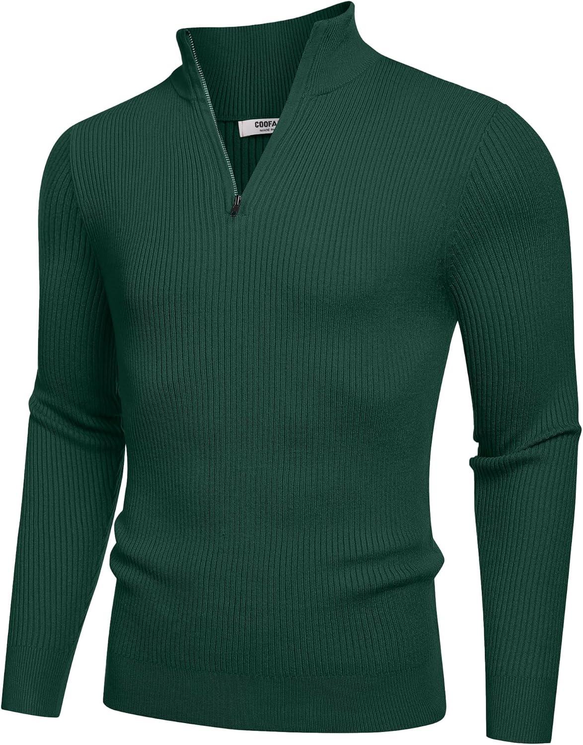 imageCOOFANDY Mens Quarter Zip Sweaters Slim Fit Mock Neck Pullover Sweaters Lightweight Knitted Polo SweaterGreen