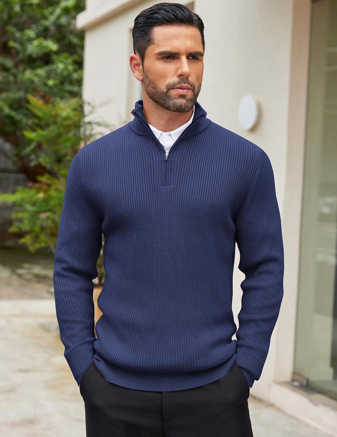 imageCOOFANDY Mens Quarter Zip Sweaters Slim Fit Mock Neck Pullover Sweaters Lightweight Knitted Polo SweaterNavy Blue