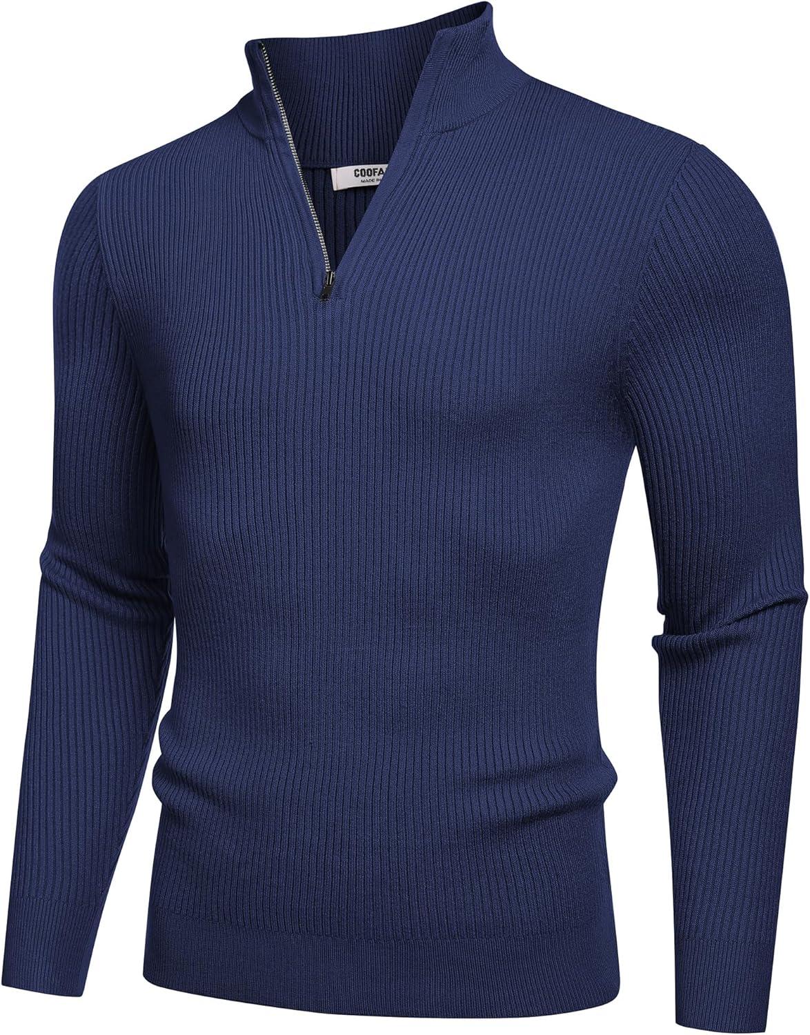 imageCOOFANDY Mens Quarter Zip Sweaters Slim Fit Mock Neck Pullover Sweaters Lightweight Knitted Polo SweaterNavy Blue