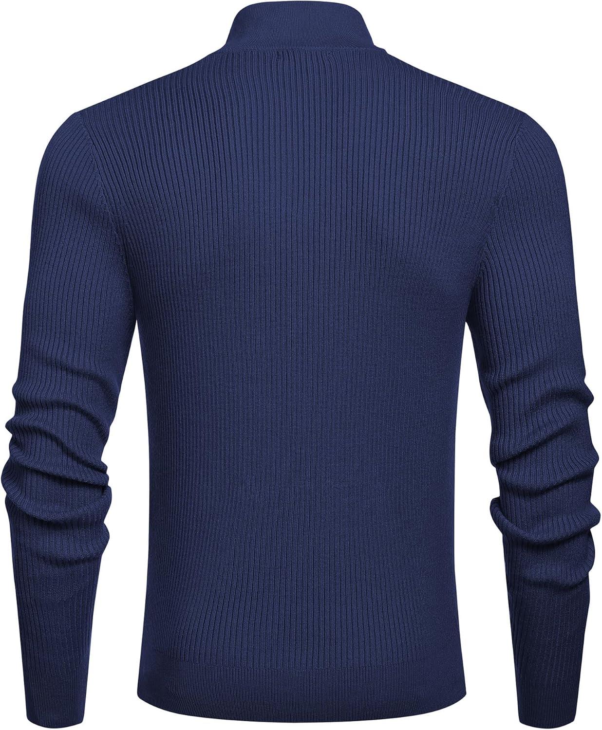 imageCOOFANDY Mens Quarter Zip Sweaters Slim Fit Mock Neck Pullover Sweaters Lightweight Knitted Polo SweaterNavy Blue