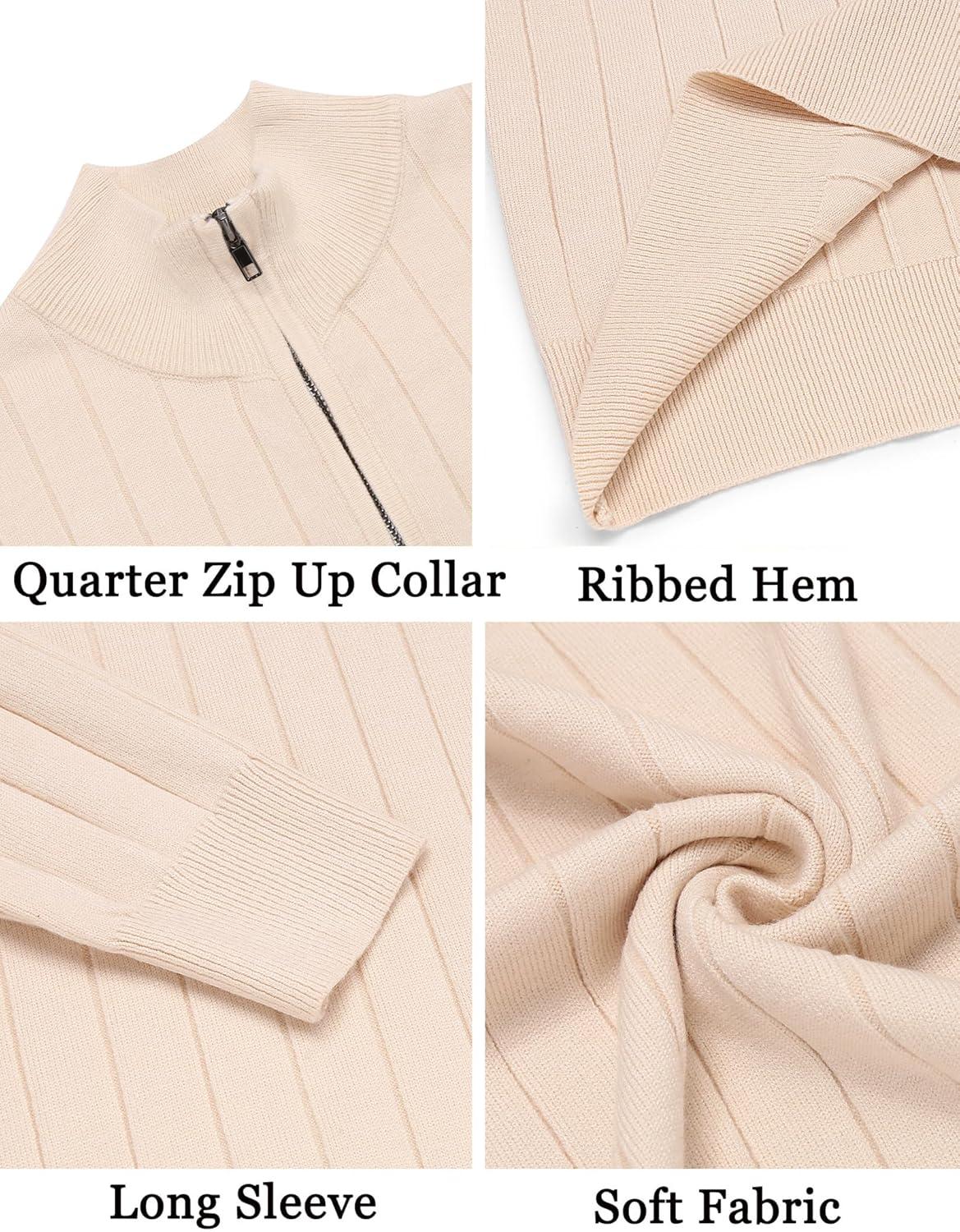 imageCOOFANDY Mens Quarter Zip Sweaters Slim Fit Mock Neck Pullover Sweaters Lightweight Knitted Polo SweaterRibbed Beige