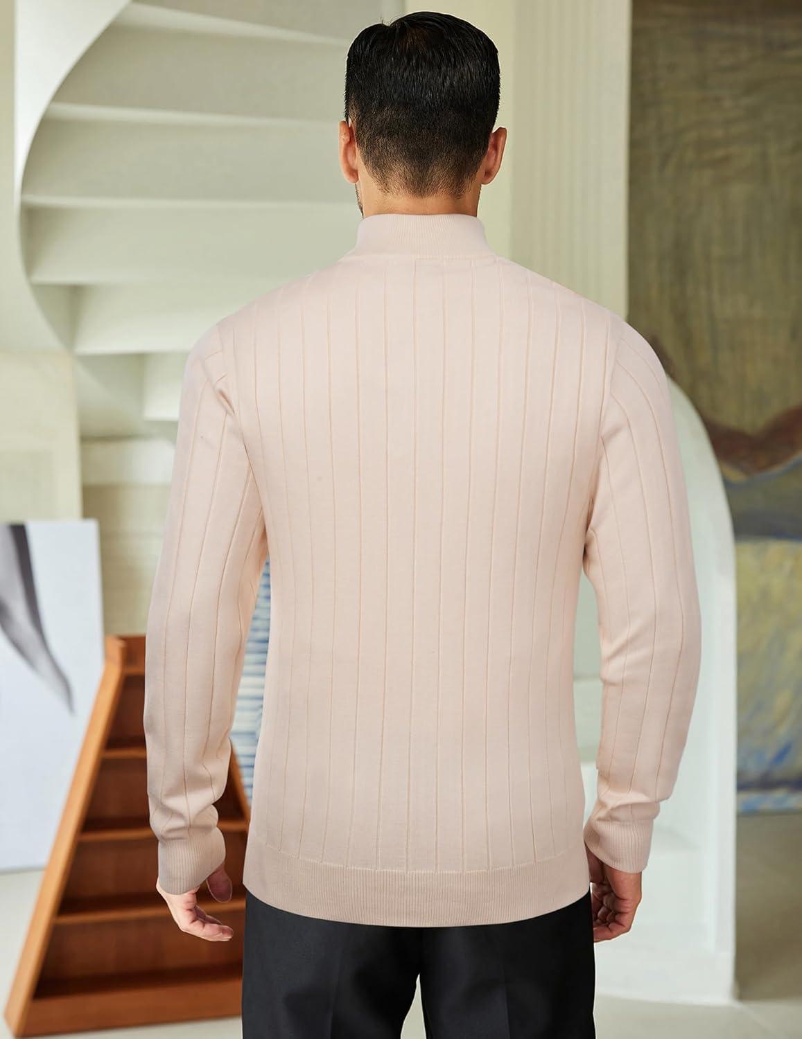 imageCOOFANDY Mens Quarter Zip Sweaters Slim Fit Mock Neck Pullover Sweaters Lightweight Knitted Polo SweaterRibbed Beige