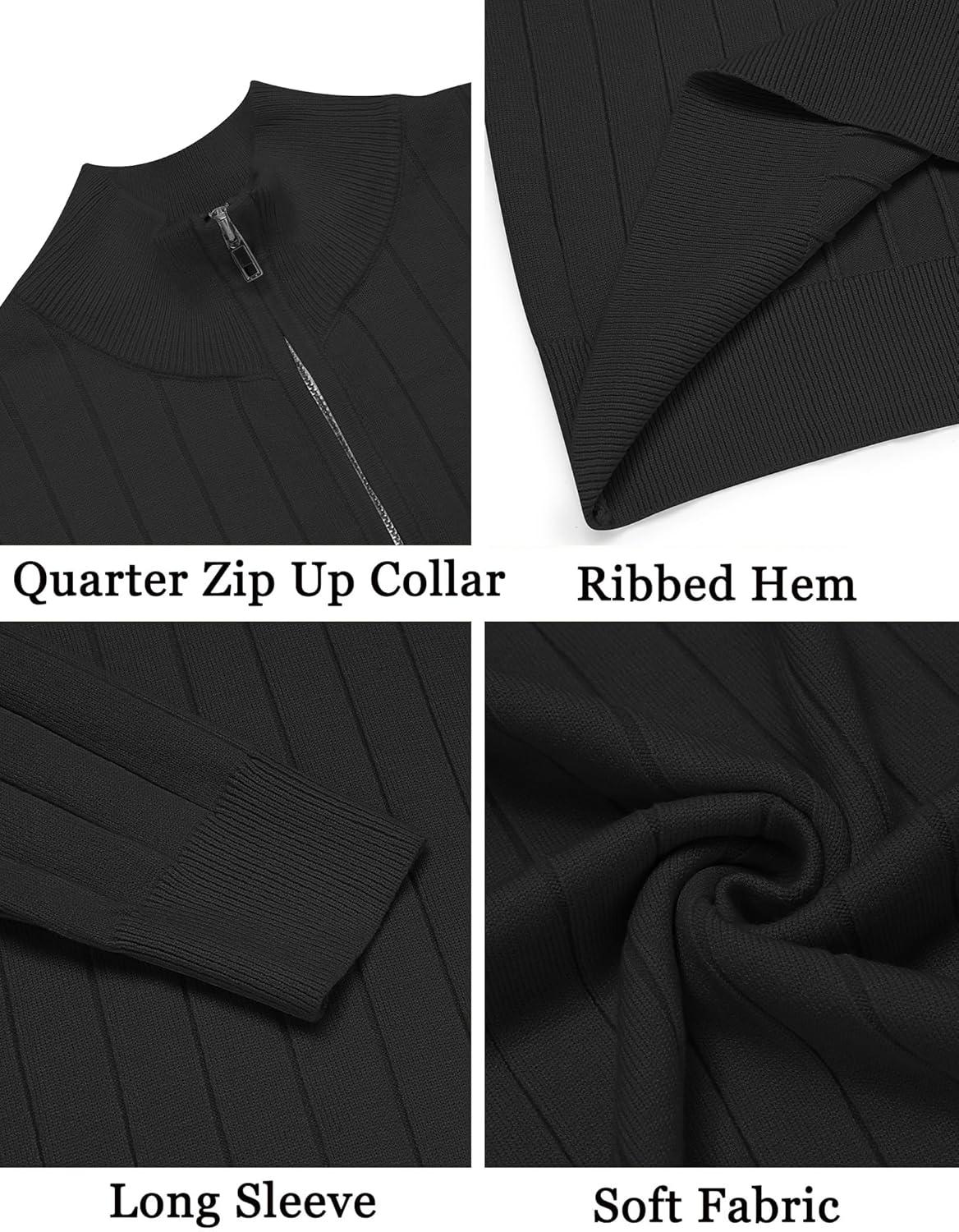 imageCOOFANDY Mens Quarter Zip Sweaters Slim Fit Mock Neck Pullover Sweaters Lightweight Knitted Polo SweaterRibbed Black