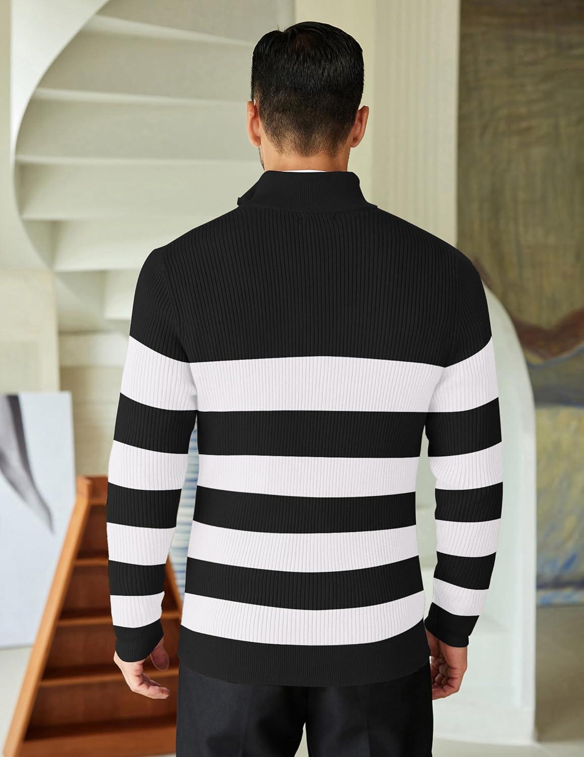 imageCOOFANDY Mens Quarter Zip Sweaters Slim Fit Mock Neck Pullover Sweaters Lightweight Knitted Polo SweaterStripe Black  White