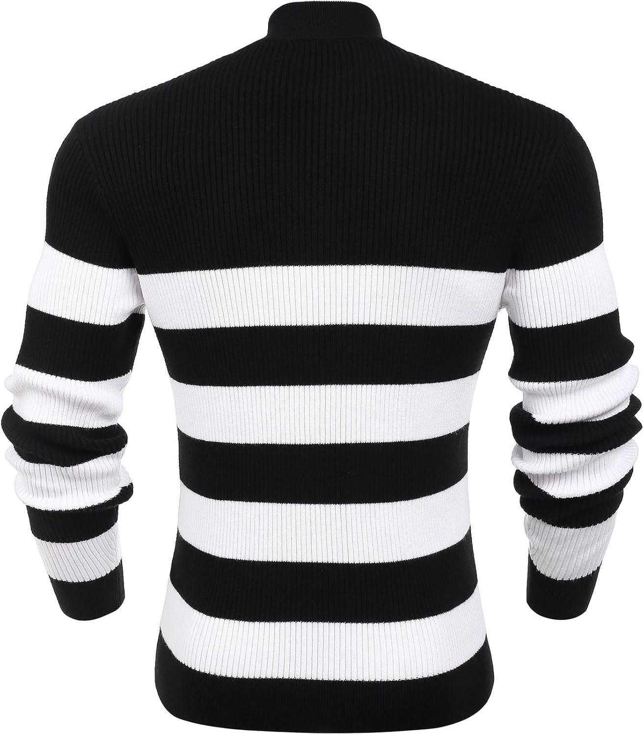 imageCOOFANDY Mens Quarter Zip Sweaters Slim Fit Mock Neck Pullover Sweaters Lightweight Knitted Polo SweaterStripe Black  White