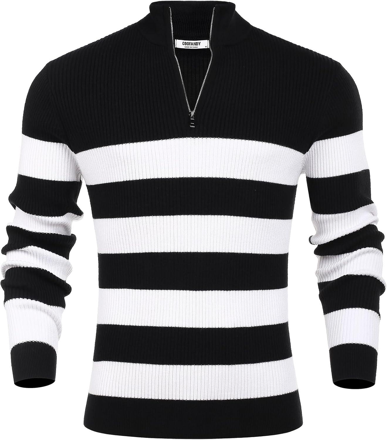 imageCOOFANDY Mens Quarter Zip Sweaters Slim Fit Mock Neck Pullover Sweaters Lightweight Knitted Polo SweaterStripe Black  White