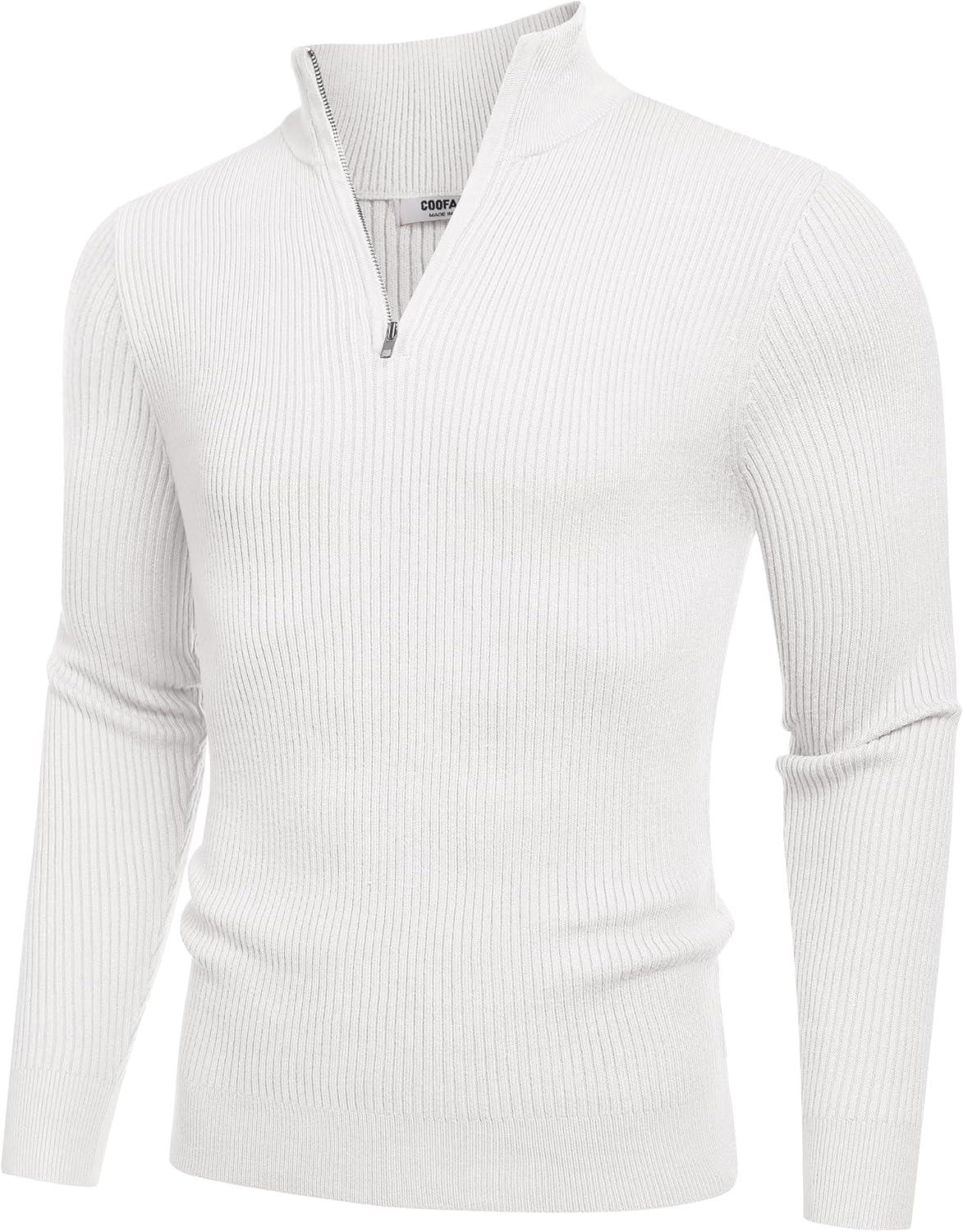 imageCOOFANDY Mens Quarter Zip Sweaters Slim Fit Mock Neck Pullover Sweaters Lightweight Knitted Polo SweaterWhite