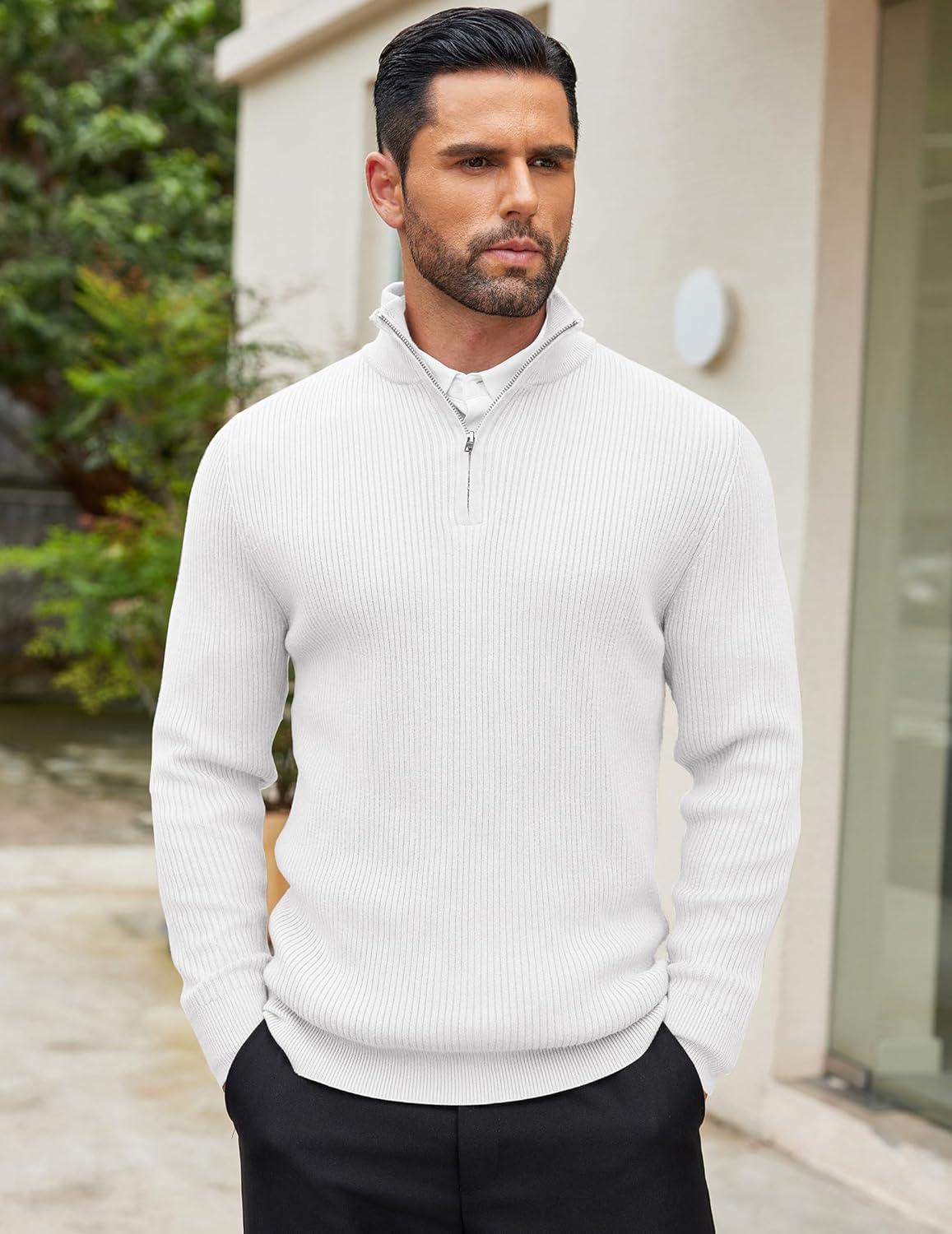 imageCOOFANDY Mens Quarter Zip Sweaters Slim Fit Mock Neck Pullover Sweaters Lightweight Knitted Polo SweaterWhite
