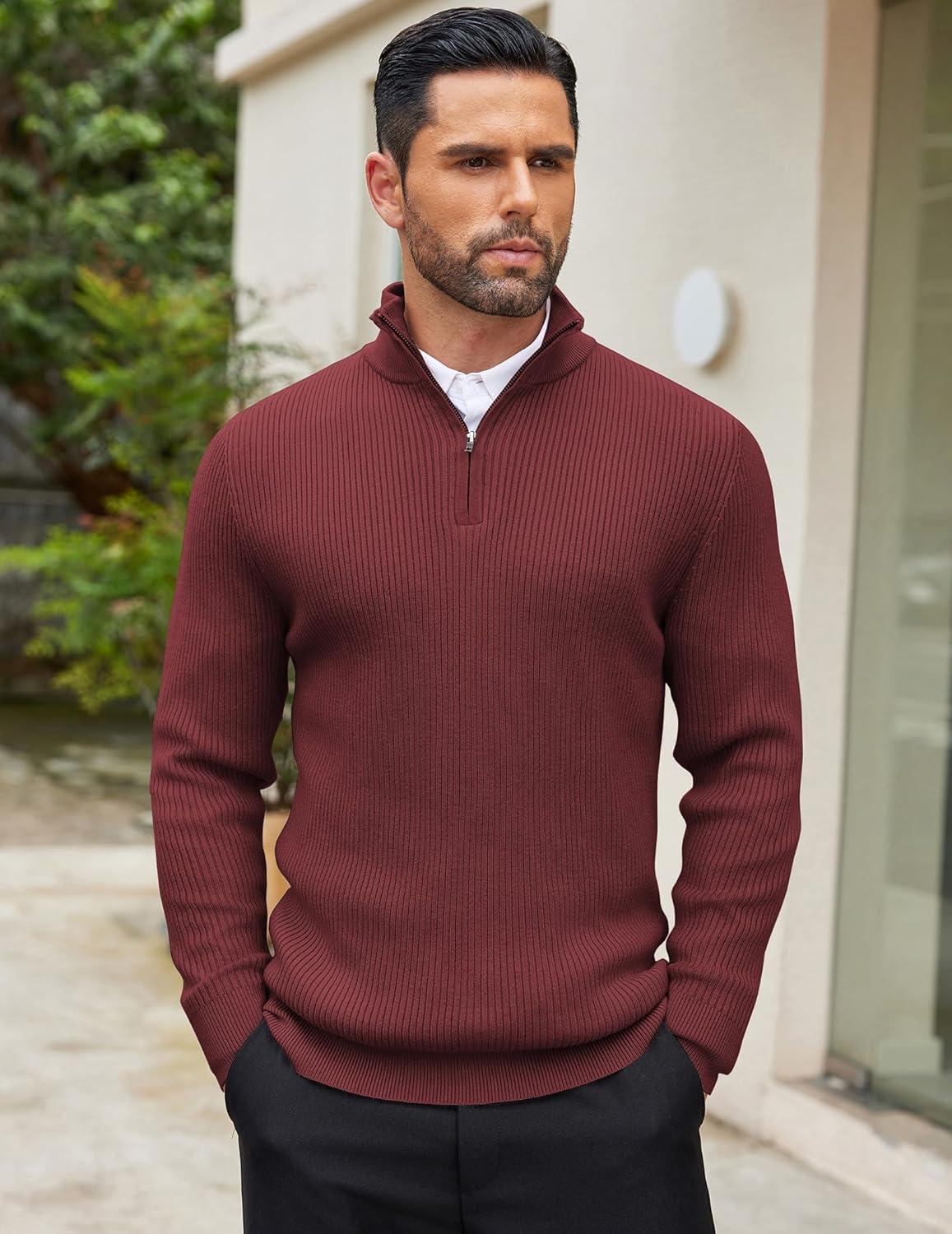 imageCOOFANDY Mens Quarter Zip Sweaters Slim Fit Mock Neck Pullover Sweaters Lightweight Knitted Polo SweaterWine Red