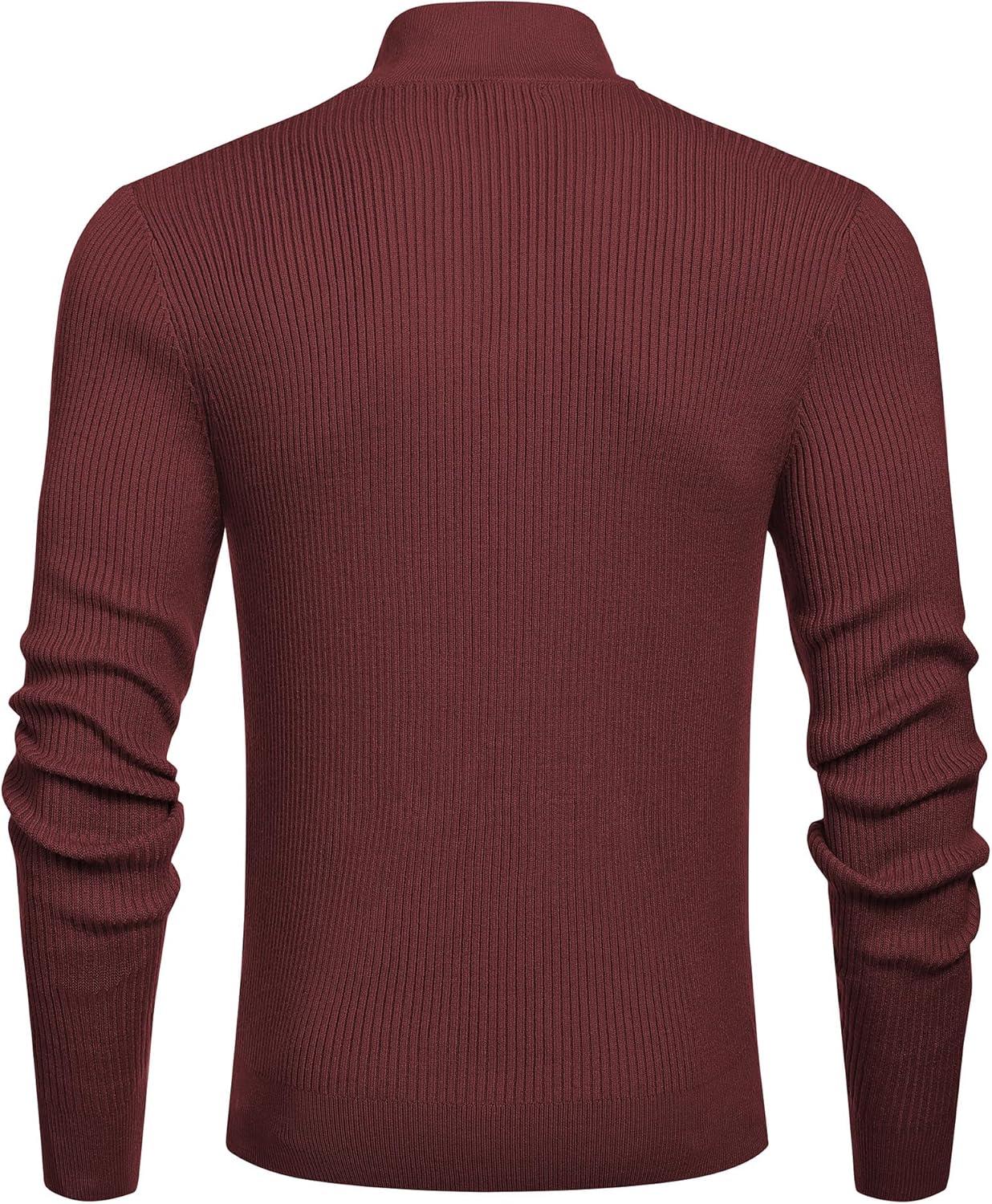 imageCOOFANDY Mens Quarter Zip Sweaters Slim Fit Mock Neck Pullover Sweaters Lightweight Knitted Polo SweaterWine Red