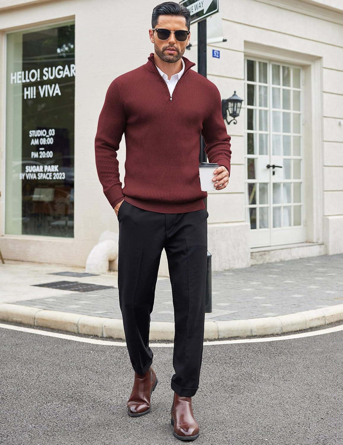 imageCOOFANDY Mens Quarter Zip Sweaters Slim Fit Mock Neck Pullover Sweaters Lightweight Knitted Polo SweaterWine Red