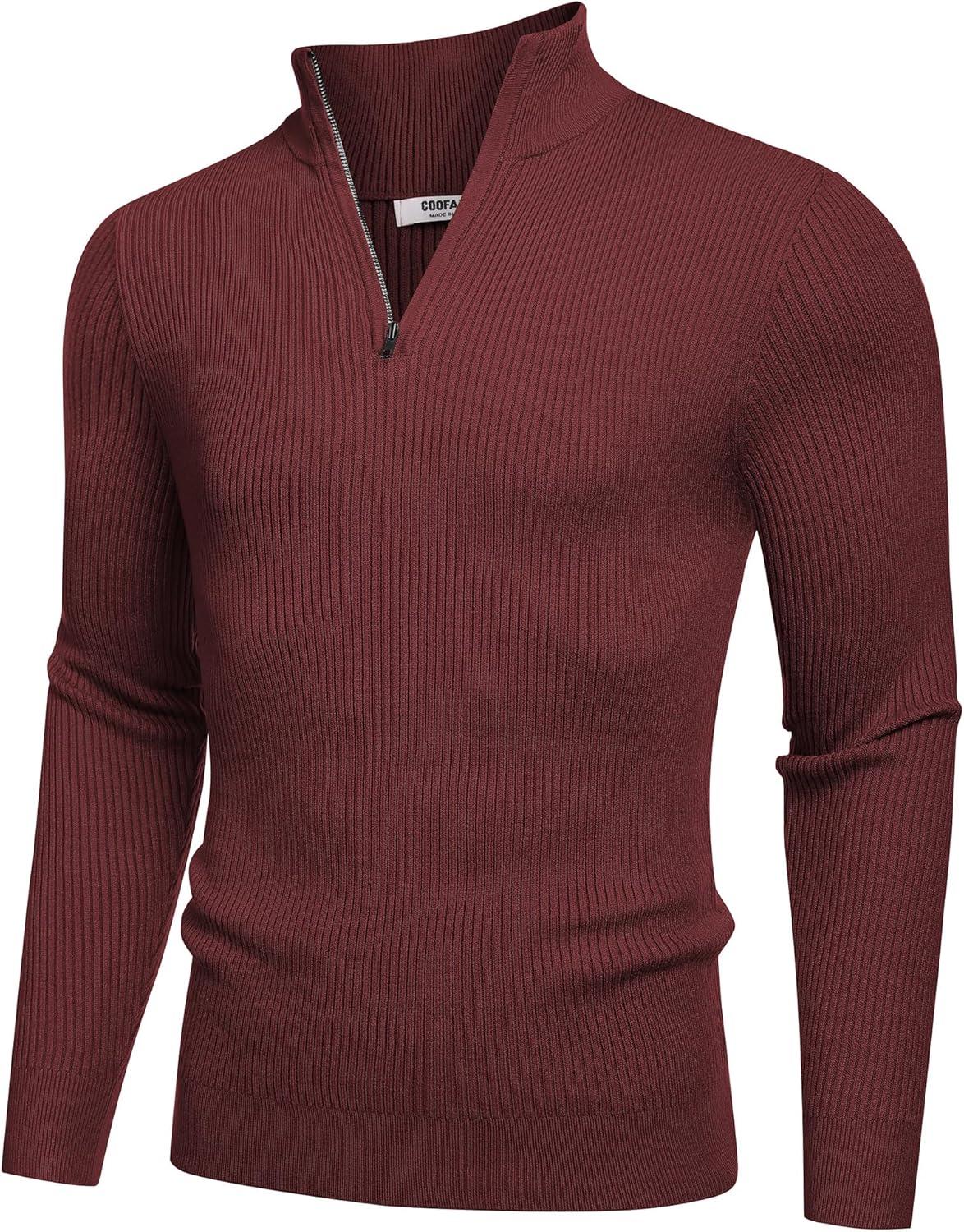 imageCOOFANDY Mens Quarter Zip Sweaters Slim Fit Mock Neck Pullover Sweaters Lightweight Knitted Polo SweaterWine Red