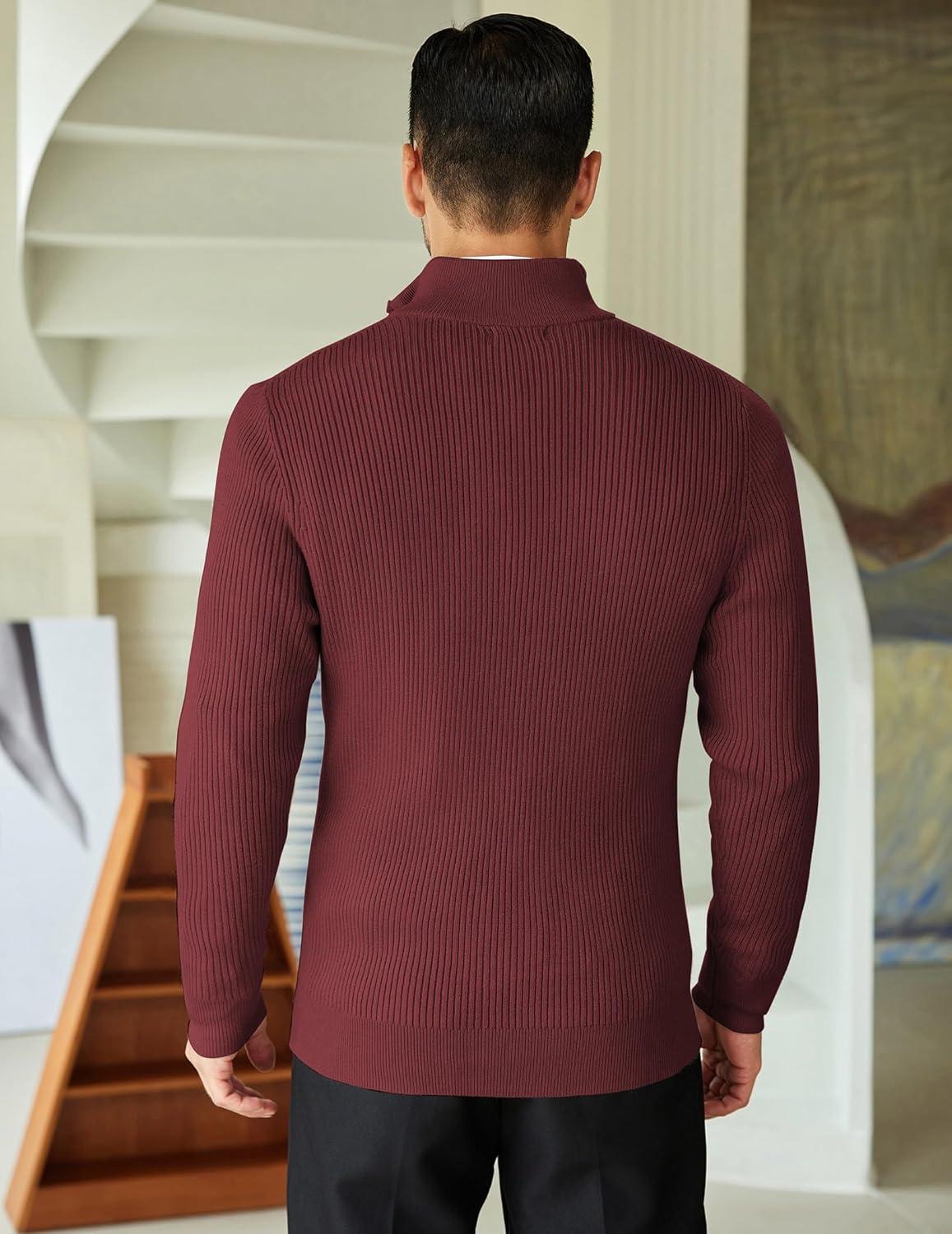 imageCOOFANDY Mens Quarter Zip Sweaters Slim Fit Mock Neck Pullover Sweaters Lightweight Knitted Polo SweaterWine Red