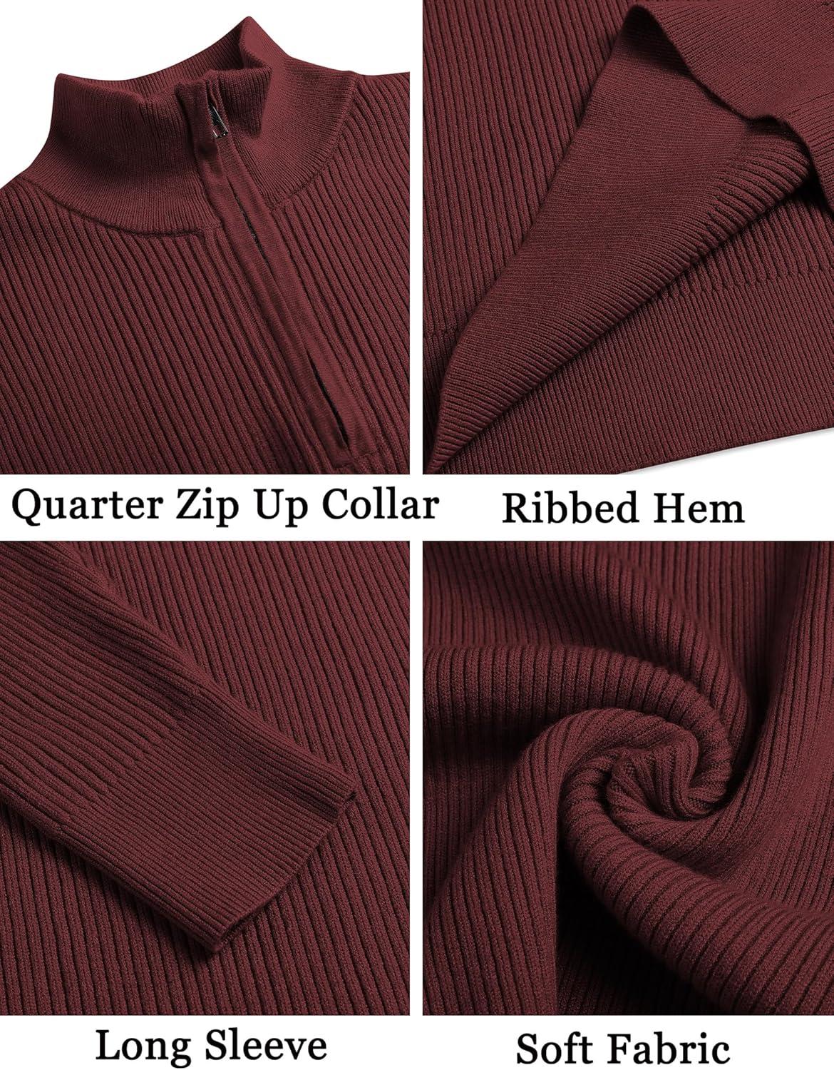 imageCOOFANDY Mens Quarter Zip Sweaters Slim Fit Mock Neck Pullover Sweaters Lightweight Knitted Polo SweaterWine Red