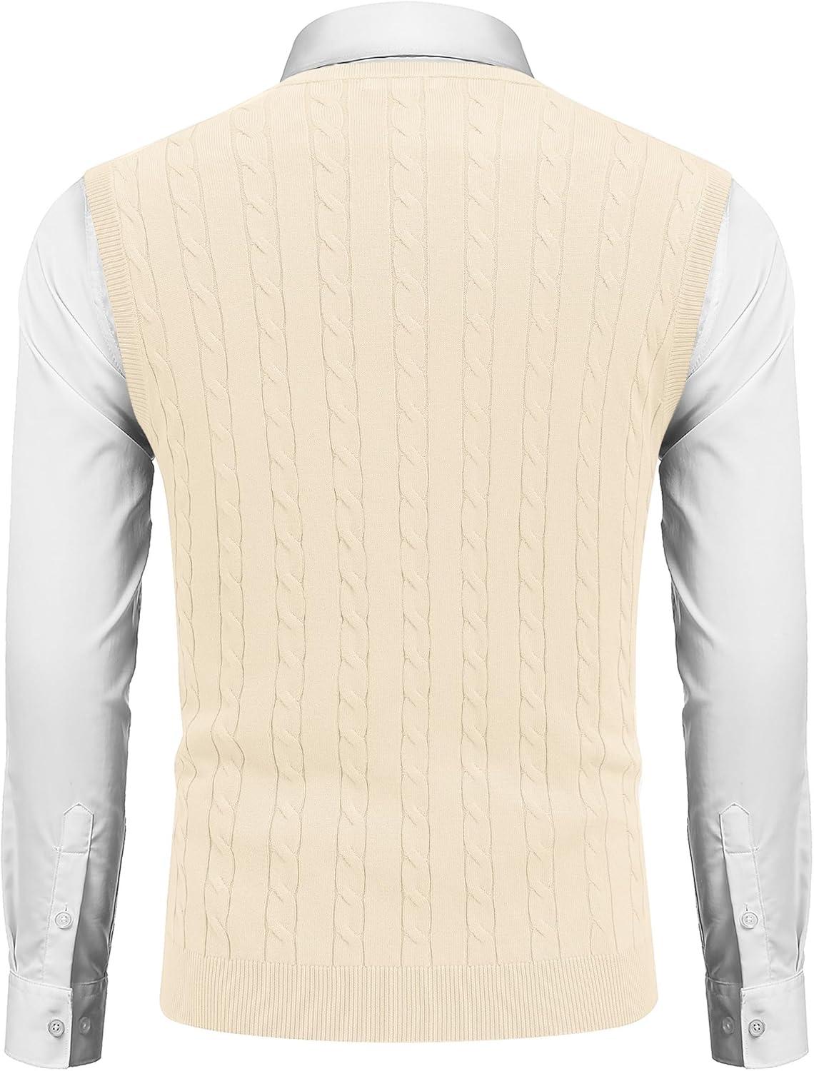 imageCOOFANDY Mens Sweater Vest Cable Knitted V Neck Slim Fit Sleeveless Pullover SweaterBeige