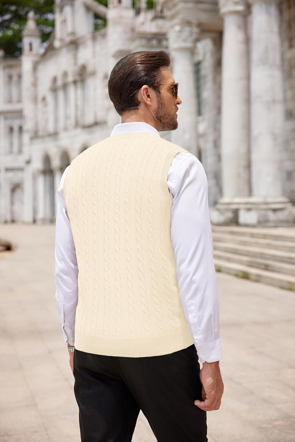 imageCOOFANDY Mens Sweater Vest Cable Knitted V Neck Slim Fit Sleeveless Pullover SweaterBeige