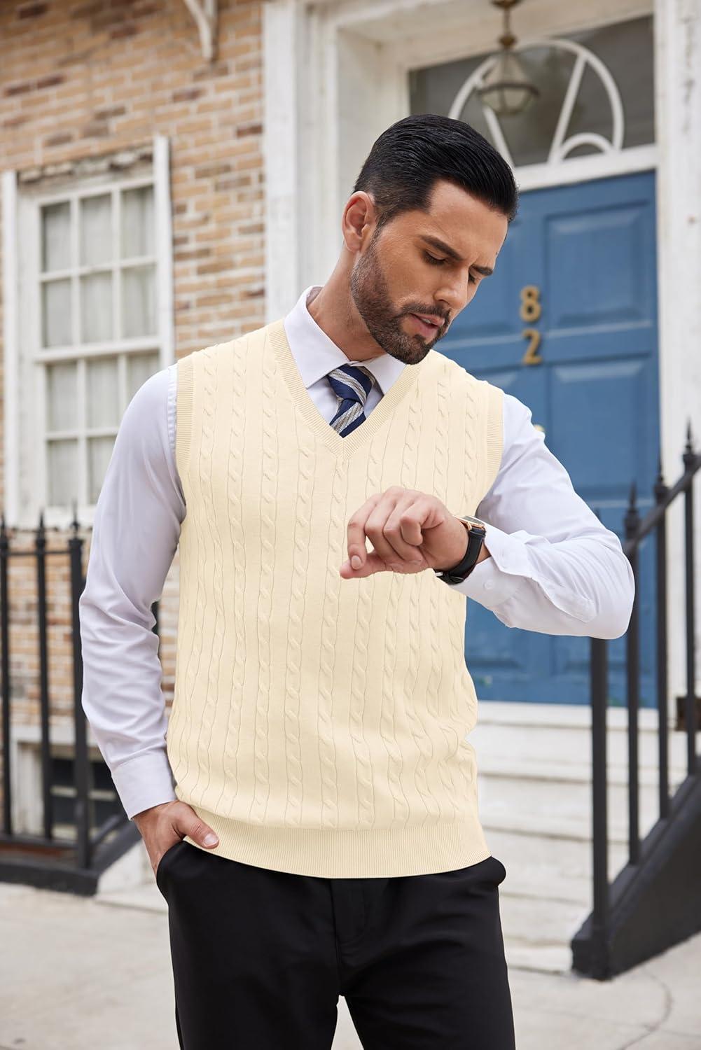 imageCOOFANDY Mens Sweater Vest Cable Knitted V Neck Slim Fit Sleeveless Pullover SweaterBeige